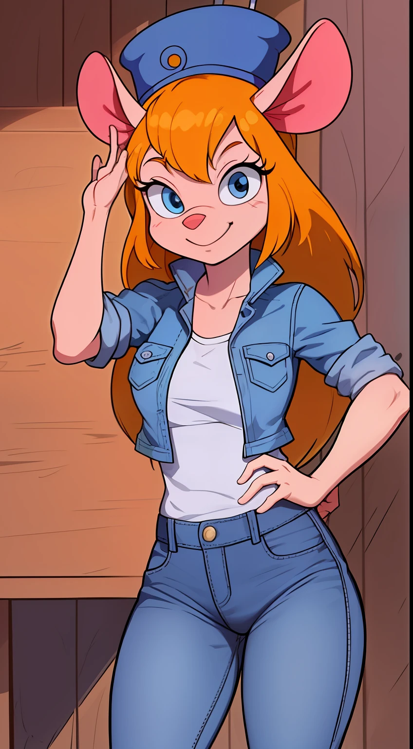 gadget_hackwrench, tiro de cowboy, sorriso, solo, Denim Jeans Pants, jaqueta pequena, botas altas, (alta qualidade: 1.2), obra-prima, detalhado, highres, 4k, foco nítido, estilo simples, desenho animado,