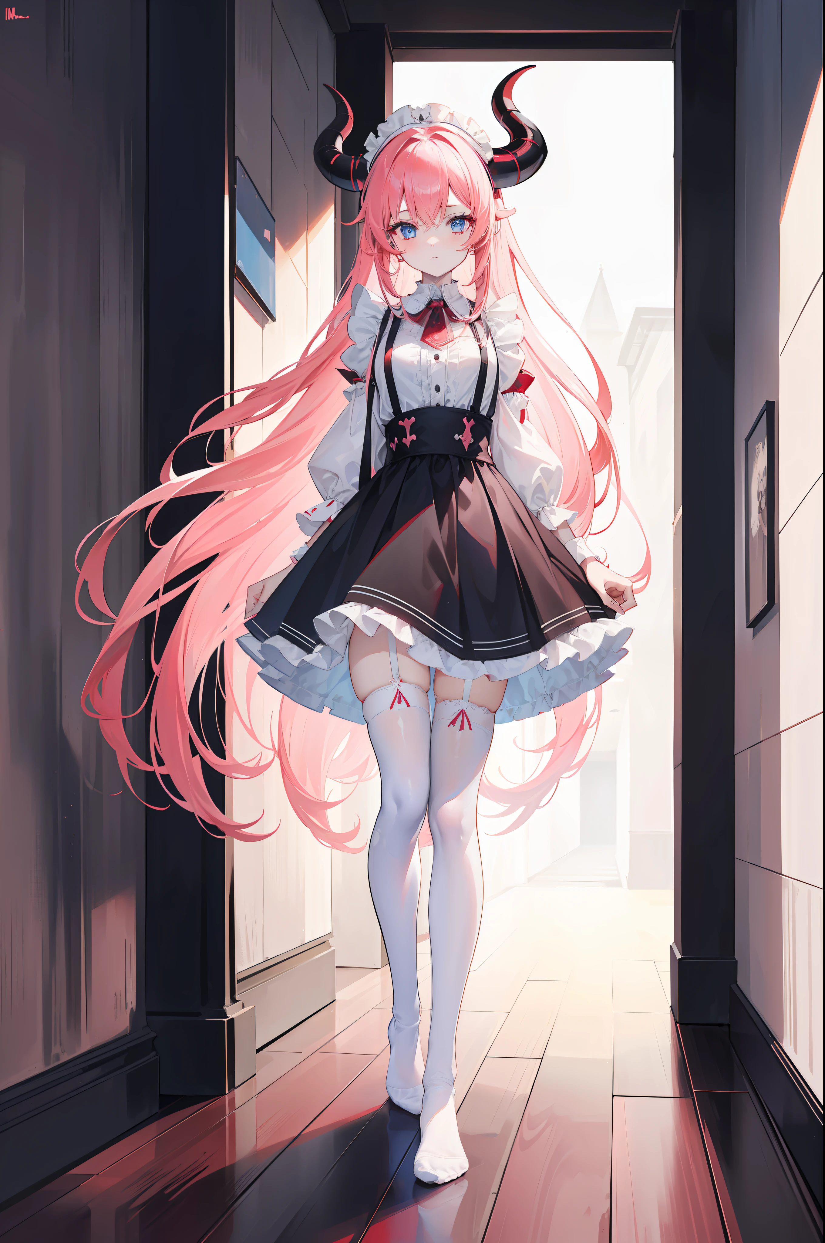 "1girl with long pink hair, blue eyes, small frontal facing red horns, donning a black and white maid outfit, white stockings, suspenders, no shoes, standing in a medieval corridor, in absurdly high resolution, ultra-sharp 8K image quality, creating a visual masterpiece, and captivatingly staring at the viewer."