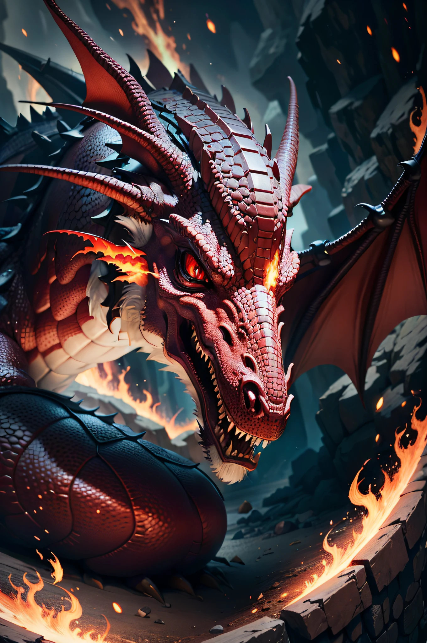 A close-up of a super detailed dragon, 3D in high resolution 8k, red coloration, fire launcher