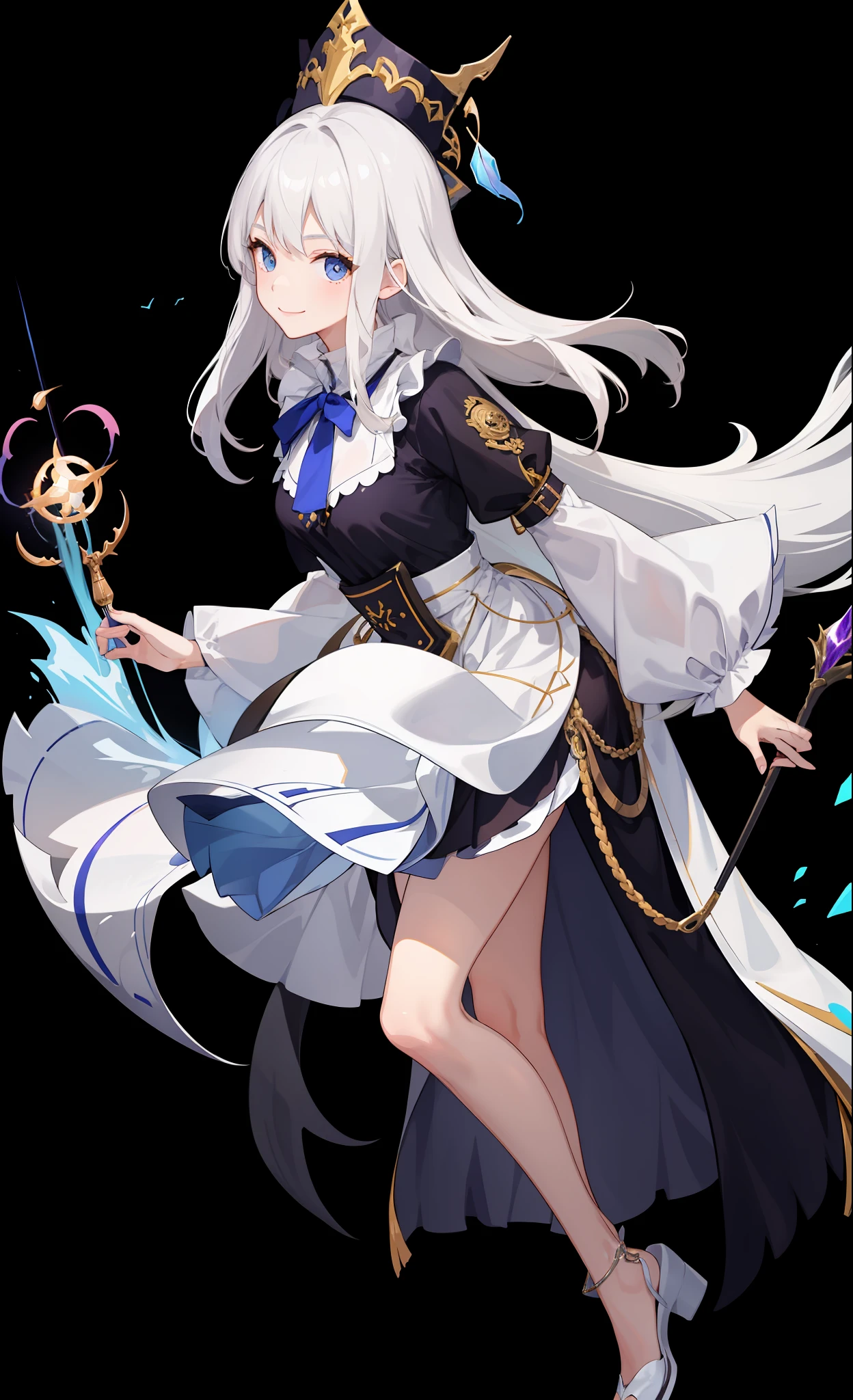 1girl in、A smile、The shirt、Blouse、skirt by the、(small tits)Chilarism、movement、Hats、cloaks、magic wands、Sorcerer、white hair、Sexy costume、