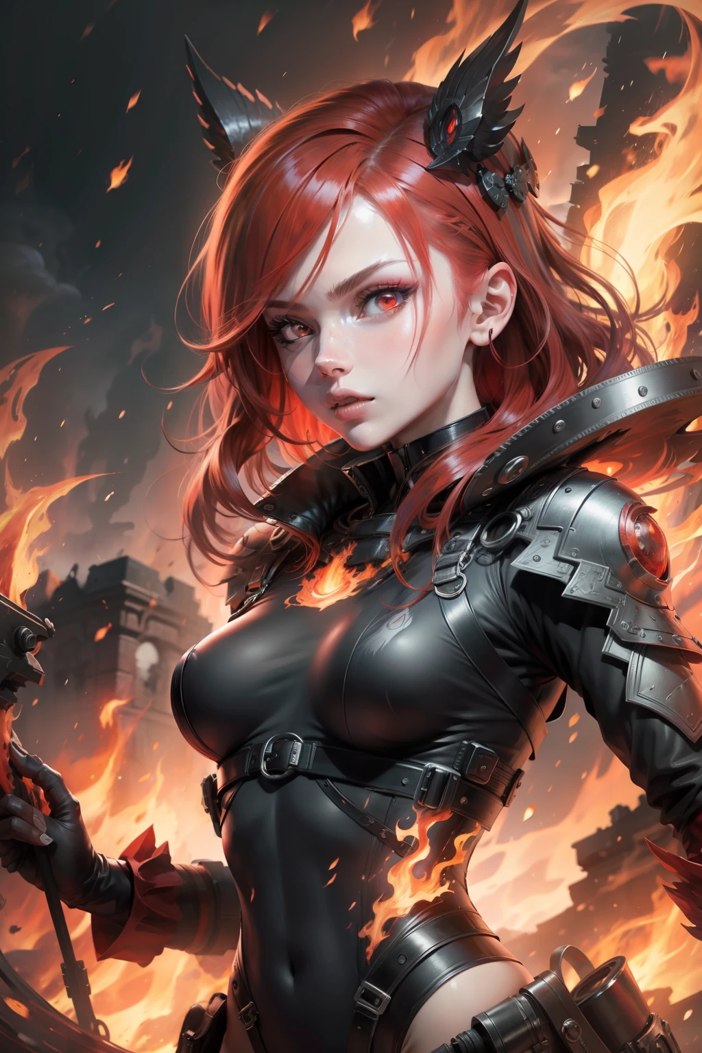 masterpiece, best quality, absurdres, 1girl, red eyes, glowing eyes, red hair, flame hair, flames, chasing, enrage, puffy lips, skindentationmagmatech, lava, nu