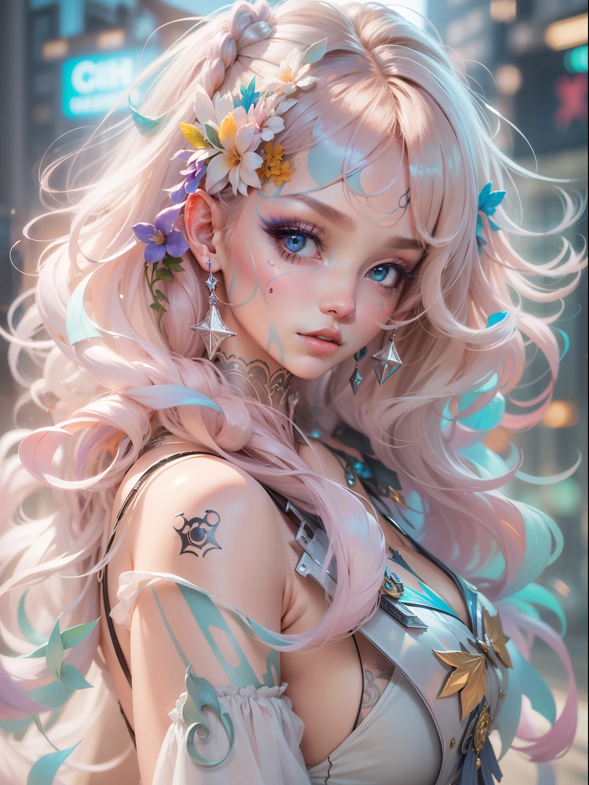 (((masterpiece)))、(((top-quality)))、((ultra-definition))、(High Definition CG Illustration)、((extremely delicate and beautiful))、City of the Future、Cyber City、Cinematic Light、Girl with shearing hairstyle、Rainbow Color、Unconventional、Marie Antoinette style、Cyber Girl、facepaint、face tattoos、Glitter Body Bijou、Body Barcode、2080s、animesque、girl with、trending on artstationh、Rachel Walker