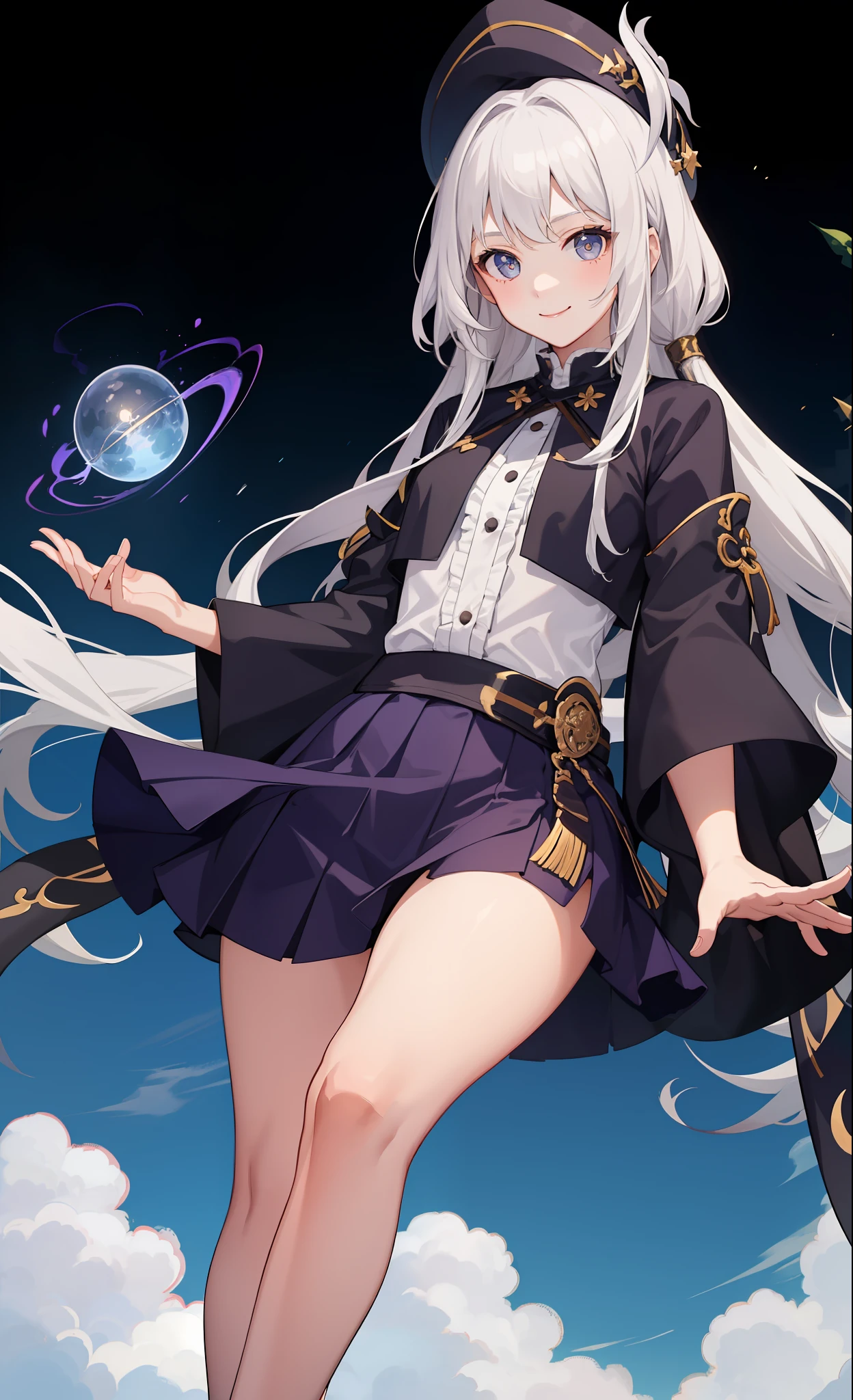 1girl in、A smile、The shirt、Blouse、skirt by the、(small tits)Chilarism、movement、Hats、cloaks、magic wands、Sorcerer、white hair、Sexy costume、