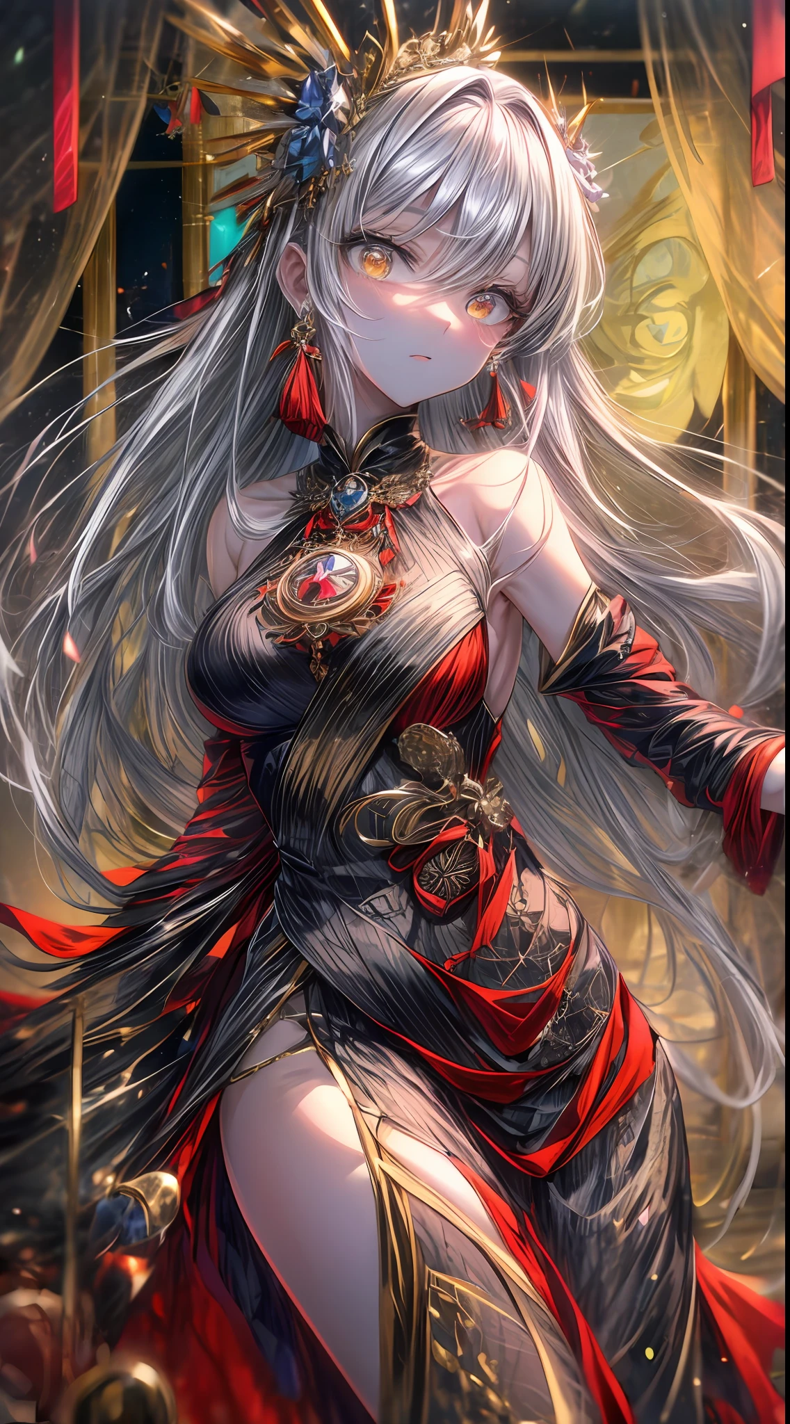 Amidst the vibrant festivities, a captivating Kitsune stands, enchanting all who lay eyes upon her. Her flowing dress, baring her shoulders, is a mesmerizing blend of crimson and gold, adorned with delicate floral patterns. Radiant, crimson eyes gleam with intelligence and mischief, while her long, lustrous silver hair cascades gracefully, complementing her alluring charm. Possessing an air of elegance and grace, she effortlessly captivates the attention of those around her, leaving an unforgettable impression at every turn. (Bare shoulder:1.6) (nsfw:1.2)