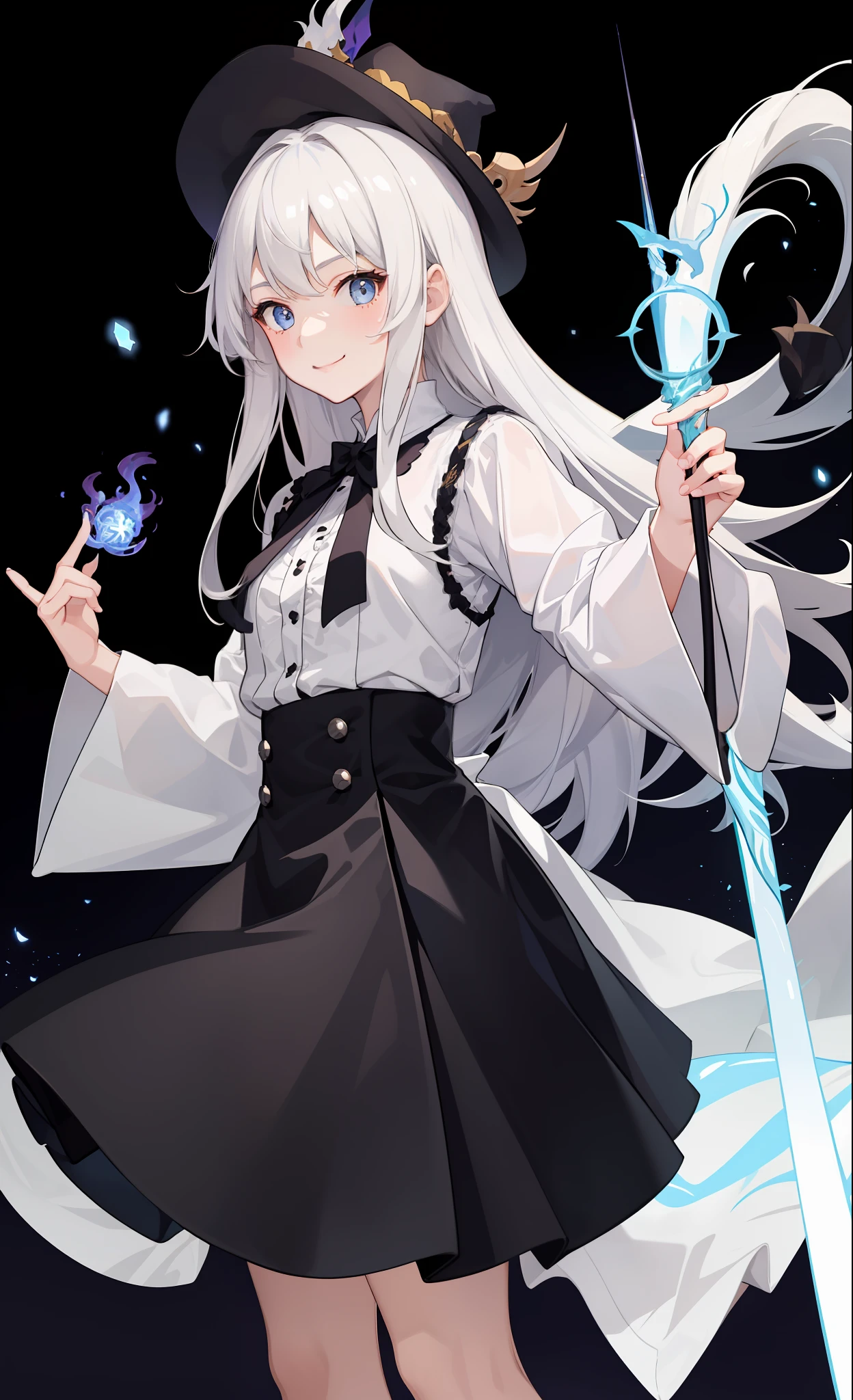 1girl in、A smile、The shirt、Blouse、skirt by the、(small tits)Chilarism、movement、Hats、cloaks、magic wands、Sorcerer、white hair、Sexy costume、