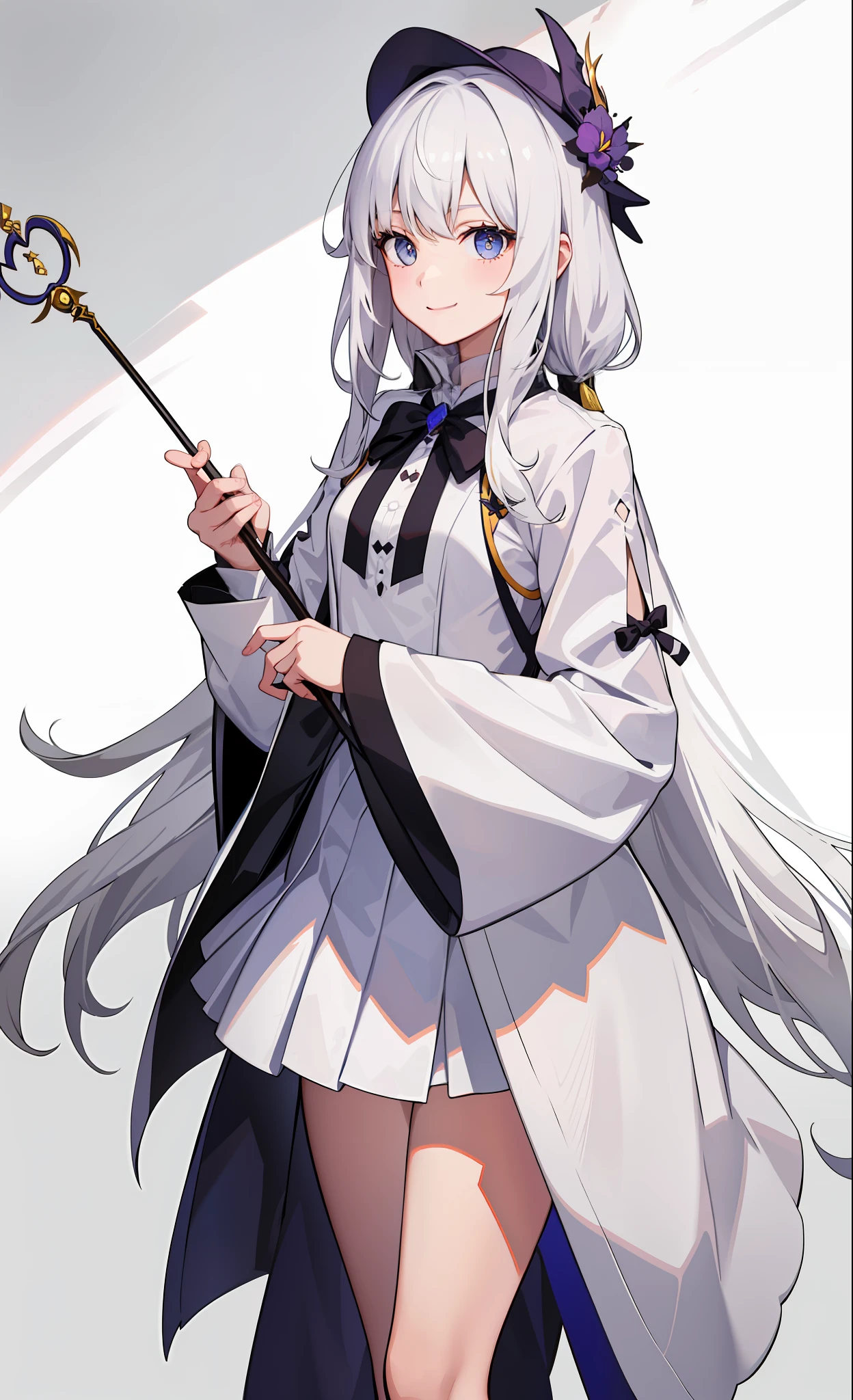 1girl in、A smile、The shirt、Blouse、skirt by the、(small tits)Chilarism、movement、Hats、cloaks、magic wands、Sorcerer、white hair、Sexy costume、