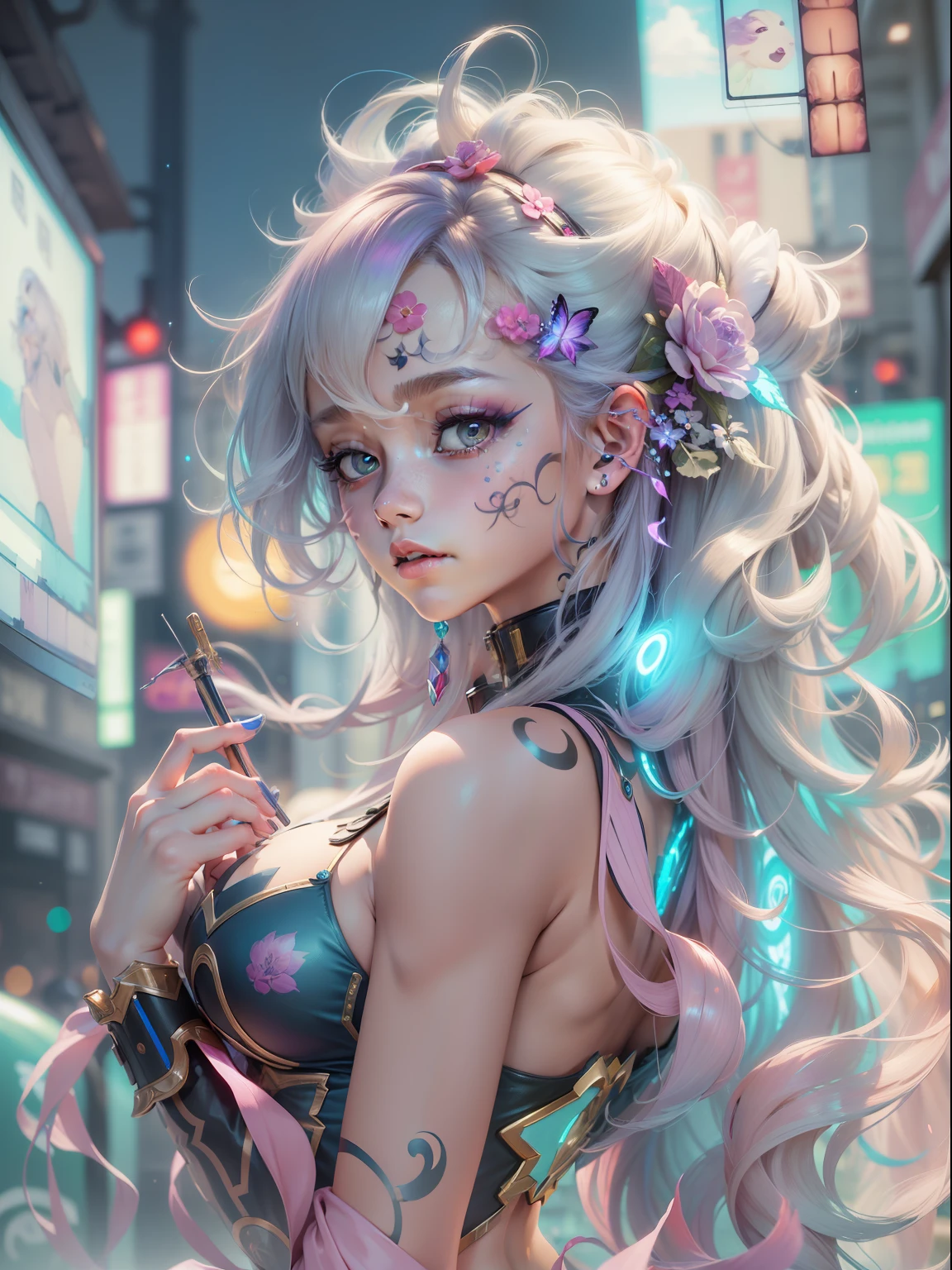 (((masterpiece)))、(((top-quality)))、((ultra-definition))、(High Definition CG Illustration)、((extremely delicate and beautiful))、City of the Future、Cyber City、Cinematic Light、Girl with shearing hairstyle、Rainbow Color、Unconventional、Marie Antoinette style、Cyber Girl、facepaint、face tattoos、Glitter Body Bijou、Body Barcode、2080s、animesque、girl with、trending on artstationh、Rachel Walker
