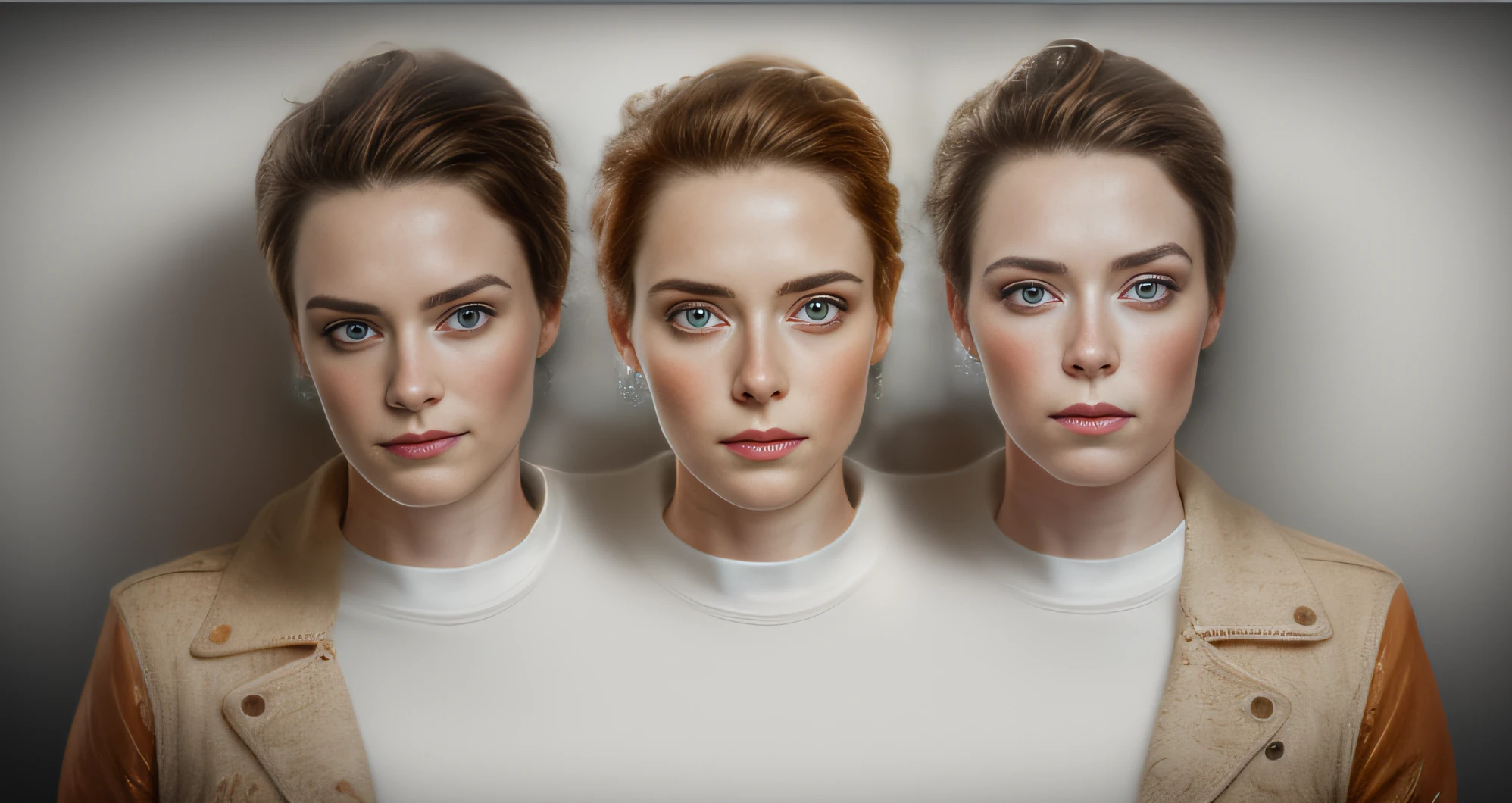 3heads, portrait photography, beautiful young woman, 18 years old, super realistic face, eyes visible through hair, proper eye position, natural skin, soft light, hips , highly detail, octane render, HD, 8k,120mm, cheerleader, Sophia Lillis