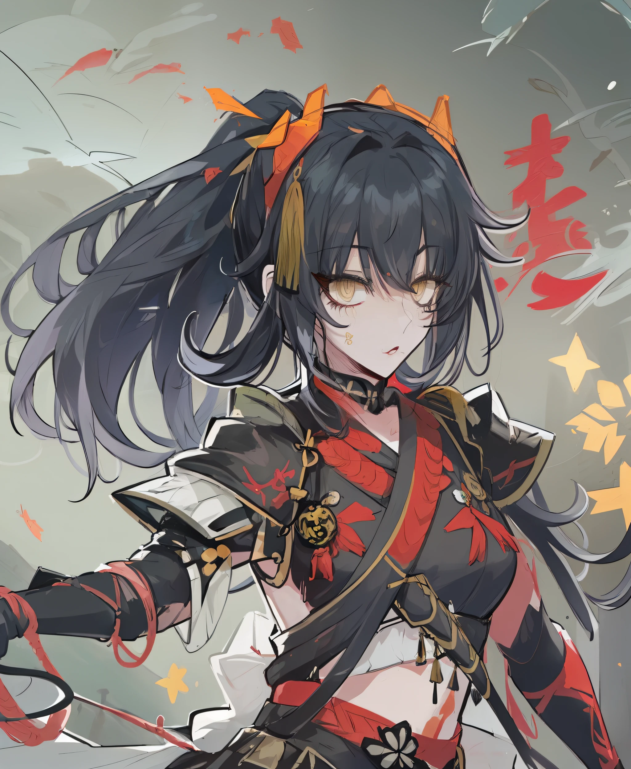 1girl, black hair, ponytail, yellow eyes, black and red samurai armor