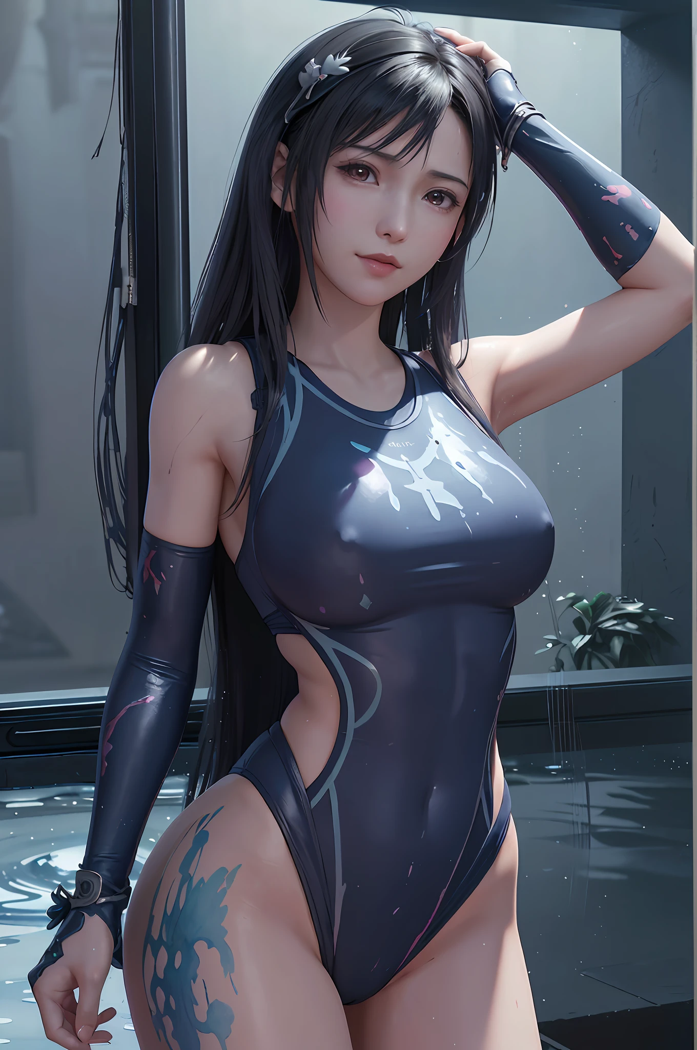 (​masterpiece、Ultra-realistic 8K CG), Top image quality, top-quality, (Bedroom), 女の子1人, Tifa, (full body Esbian), ((from the front side)), (((open stance:1.4))), (Colossal tits:1.5), (realisitic:1.7), absurderes, (超A high resolution), (Photorealsitic:1.6), Photorealsitic, octane renderings, (hyper realisitic:1.2), (realistic skin textures), (Akame), (Beauty:1.5), (see the beholder:1.2), (A smile:1.2)), (kawaii), (Very long hair), (((One Piece Lace Watercolor Navy Blue))), (one-piece race swimsuit)、(arms behind back:1.4)，teats，Potch，No tattoo，Facing the front