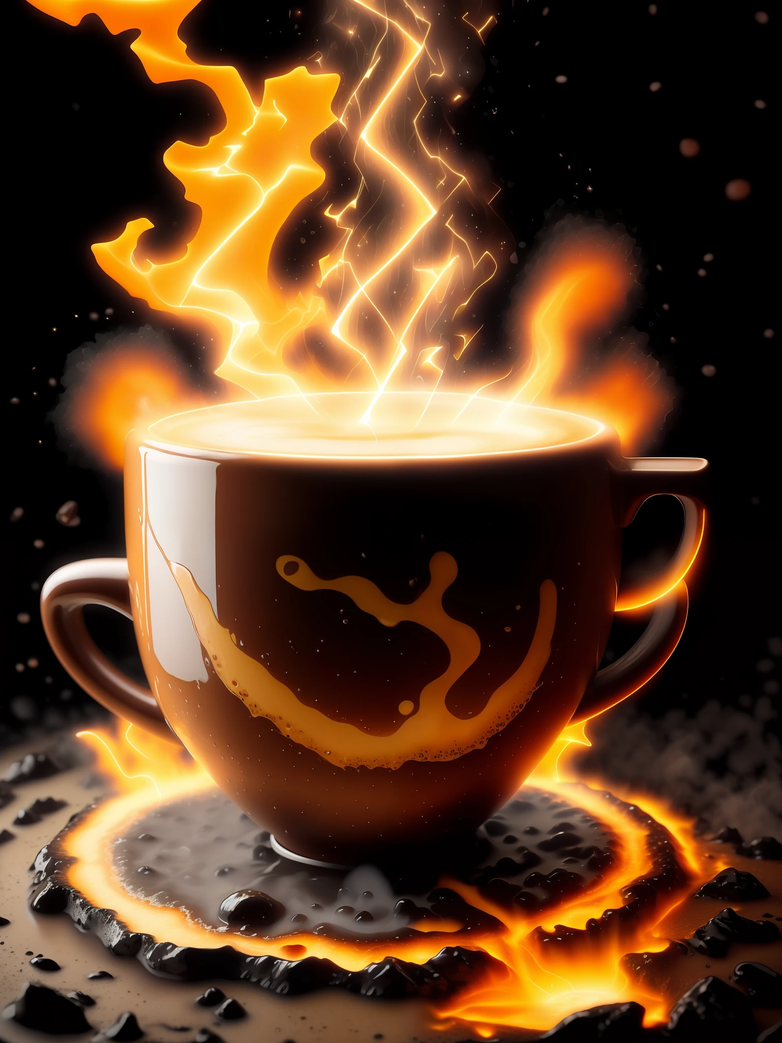 Volcano Coffee cup, latte art of maximal coffee, violently erupting out of kintsugi black lava rock coffee cups, rims glowing hot, molten red coffee lava splashing and overflowing out of the cup, volumetric dust particles, exploding lava, steam, floating celestial, bokeh, night, moonlight, moonbeams, surreal, magic dust
