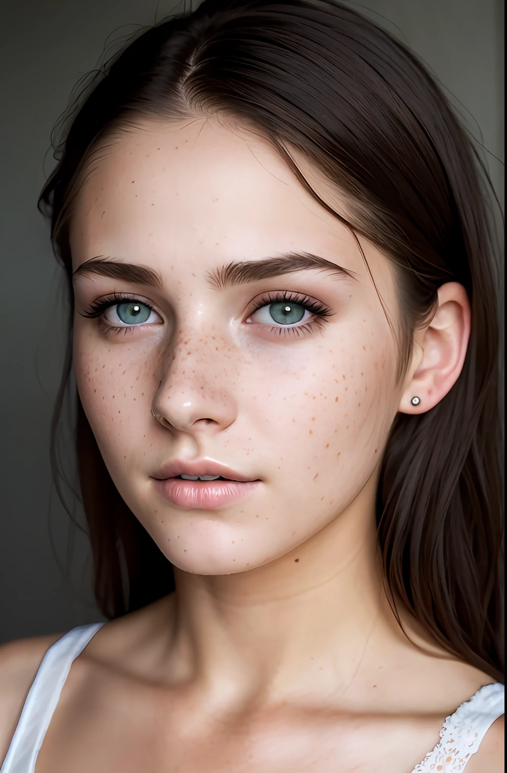 beautiful lady, freckles, dark makeup, hyper detailed photography, soft light, head and breast portrait, cover,, best quality, (detailed beautiful face, detail skin texture, ultra-detailed body:1.1) brown hair, hazel eyes 18 year old teenage girl