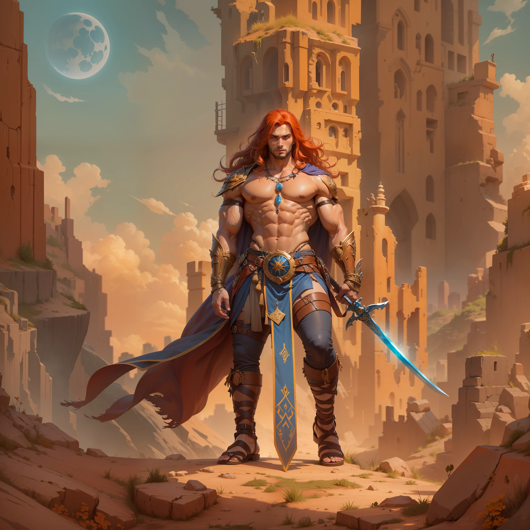 1man, tall muscular man, caucasian, tanned skin, muscular, long red hair, blue eyes, wearing belt, wearing loincloth, wearing jeweled leather harness for weapons, bare letgs, wearing tall sandals, with intricate amulet, on high ground, raising sword over head, orange sky, two moons, rust colored desert, ruined stone city towers in the distance, "sword and planet" style art, bokeh, raytracing, realistic textured skin, particle effects, depth of field