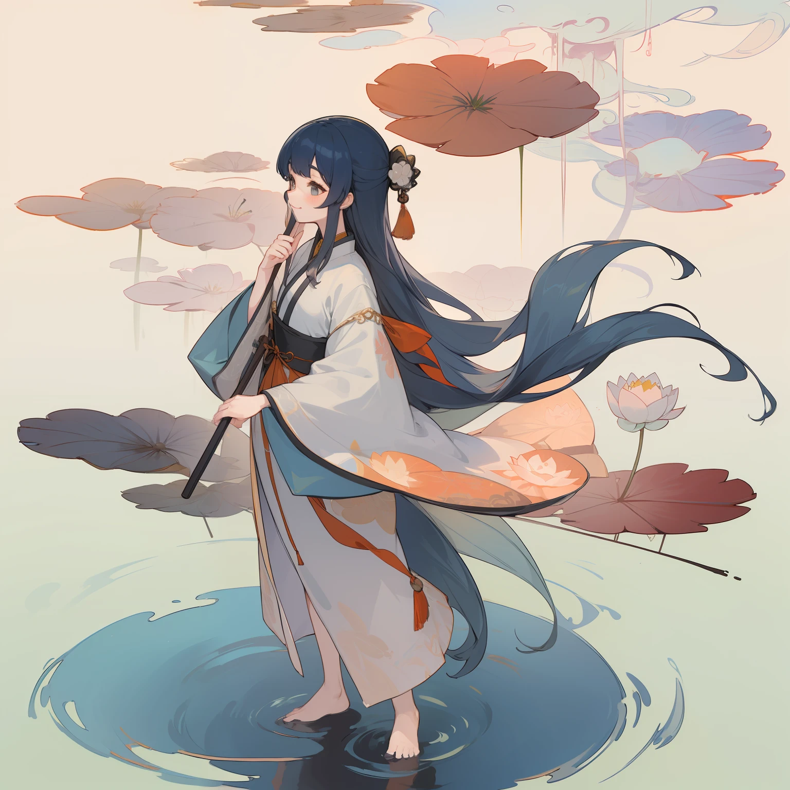 ((4k,masterpiece,best quality)), shuimobysim, traditional chinese ink painting, lotus, hanfu, maxiskit, dress conservatively
1girl, solo, long blue hair, smile, standing, feet in the water, barefoot,