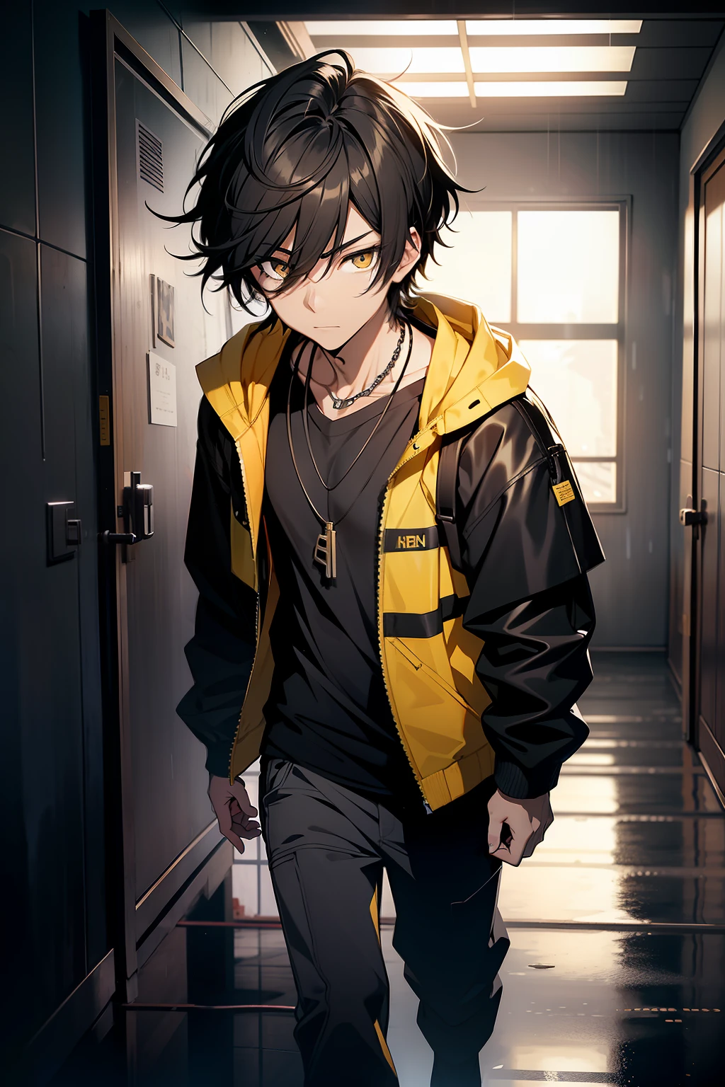 young boy, hair in front of eyes, hentai protagonist, black hair, medium hair, wearing a yellow rain jacket, black pants, wearing a metal necklace, in a room, gray wall, eyes covered