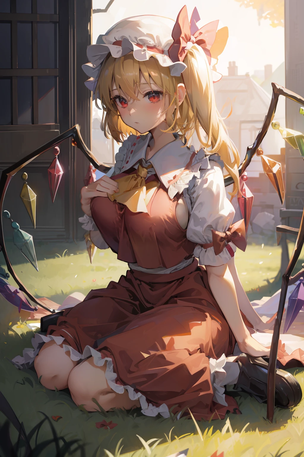 (masterpiece),best quality, expressive eyes, perfect face, 1girl,
big breast, H-cup, good breast, beautiful, gorgeous,anime,girl,lora, floating clothes, tent chest ,
 nipple visible  though clothes,flandre scarlet,
1girl,blonde hair,mob cap,hair bow,bowtie,side ponytail,wings,short sleeves,vest,ascot,1wings,1 pair of wings,W sitting, w sitting on ground, legs on ground