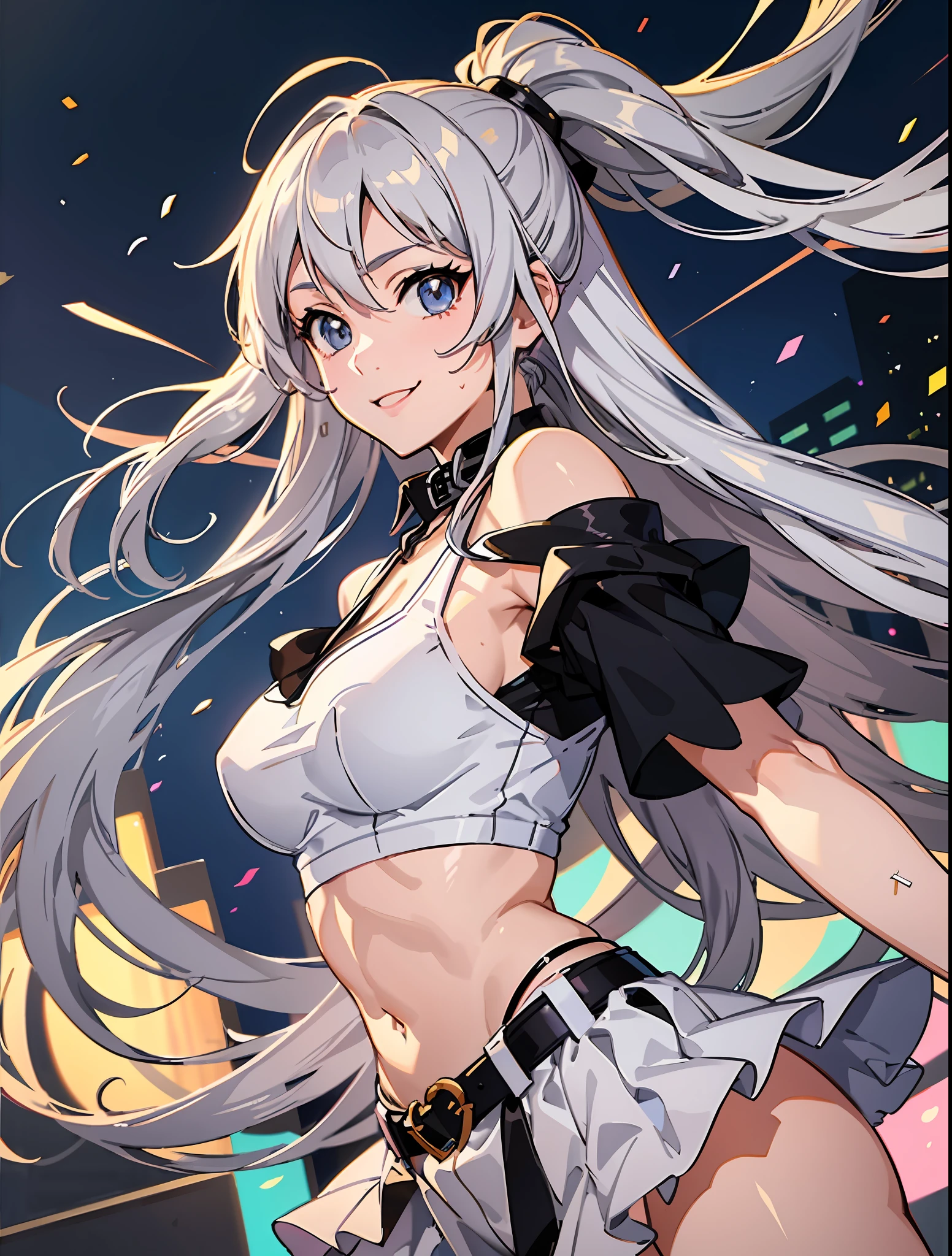 ((((Representative work 3.0、top-quality、Wearing a collar 3.0、Idol Outfit 4.0、poneyTail、3 Standing on a gorgeous stage.0、Performance 4.0、Skirt、colorful outfit、abdominals、Split abs、de pele branca、Silver hair 3.0、dynamic pose1.5、large full breasts、Wearing sweat、ssmile、Silver hair、))))、Long body、(((((long legged))))),Whole human body、Realistic skin type、an anime girl、Detailed Digital Anime Art、A seductive anime girl、extremely detailed art germ、a hyperrealistic schoolgirl、Ilyakukvshinov、Smooth Anime CG Art、Ultra Realistic Woman、ig model、ArtGerm、Photorealistic anime girl rendering、digital anime art