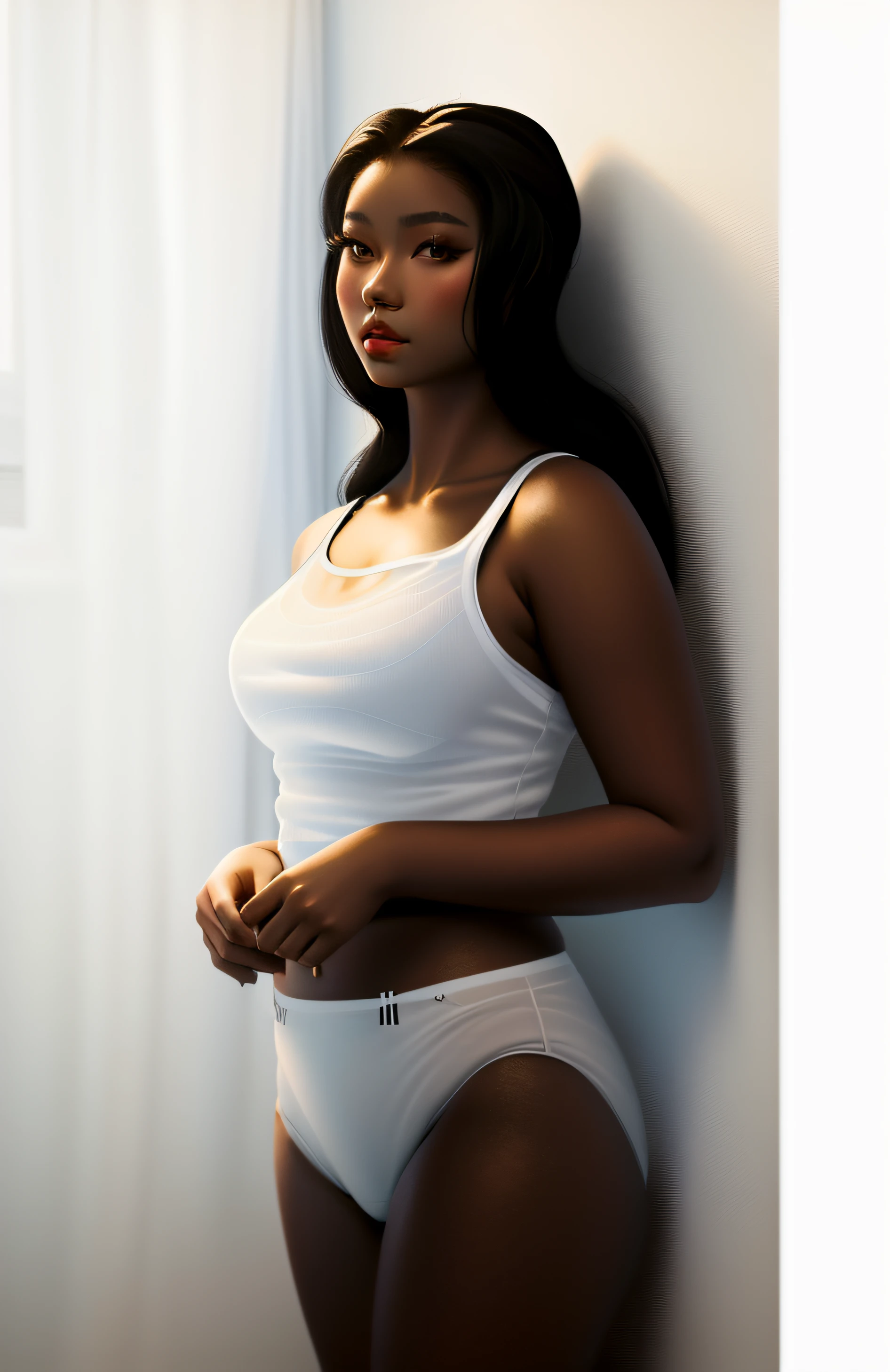 ((masterpiece, best quality)), Curvy Blasian woman with long black hair, (( in white tanktop and white high cut panties)), (brown eyes), standing in bathroom, realistic art style, intricate details