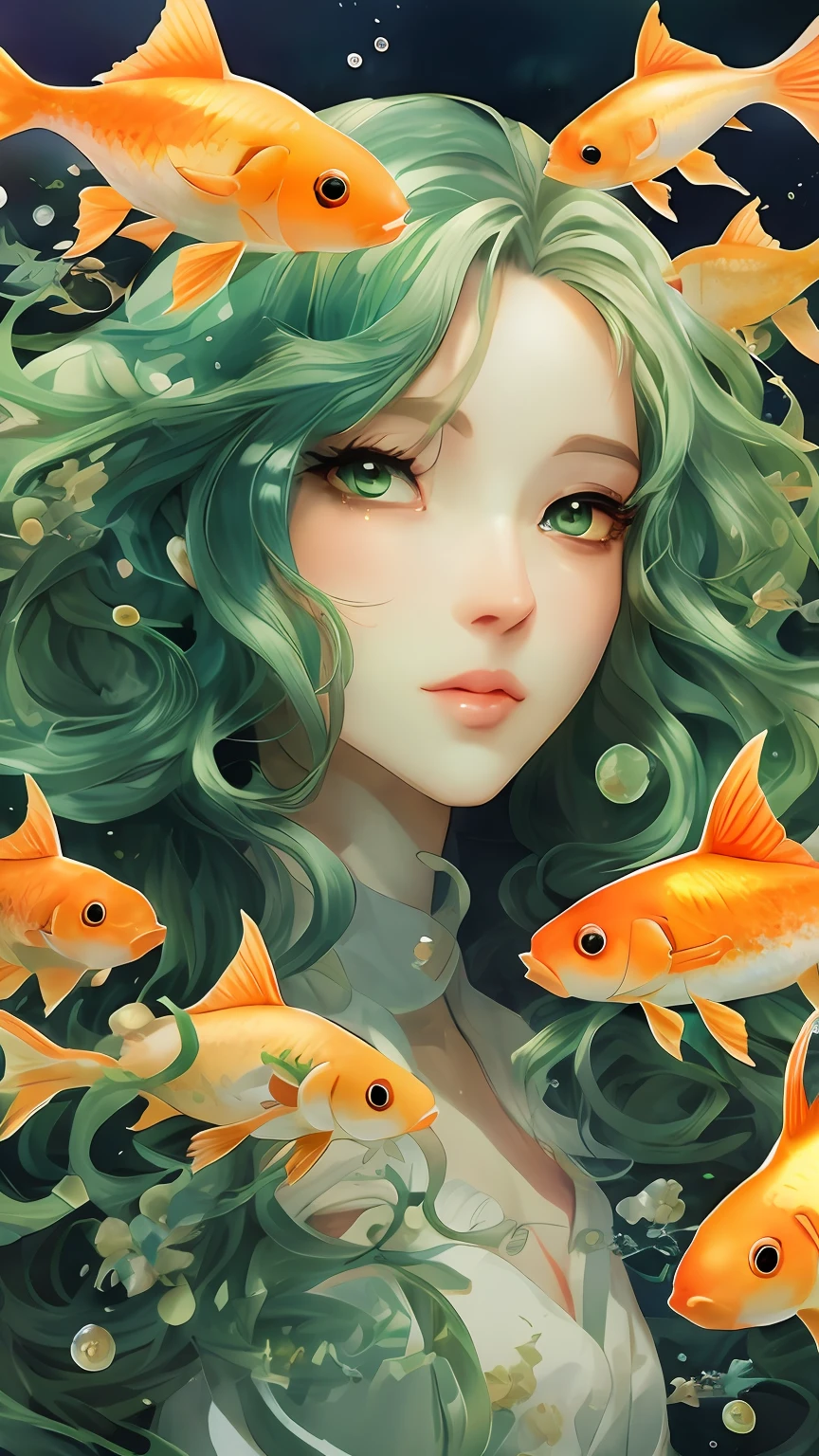 anime girl with green hair and goldfishs in the water, a beautiful artwork illustration, anime art wallpaper 4k, anime art wallpaper 4 k, by Yuumei, artgerm. anime illustration, detailed digital anime art, beautiful art uhd 4 k, exquisite digital illustration, inspired by Yuumei, anime style 4 k, anime fantasy illustration,masterpiece, best quality, (extremely detailed CG unity 8k wallpaper), (best quality), (best illustration), (best shadow), absurdres, realistic lighting, (Abyss), beautiful detailed glow,clear face, clean white background, masterpiece, super detail, epic composition, ultra HD, high quality, extremely detailed, official art, uniform 8k wallpaper, super detail