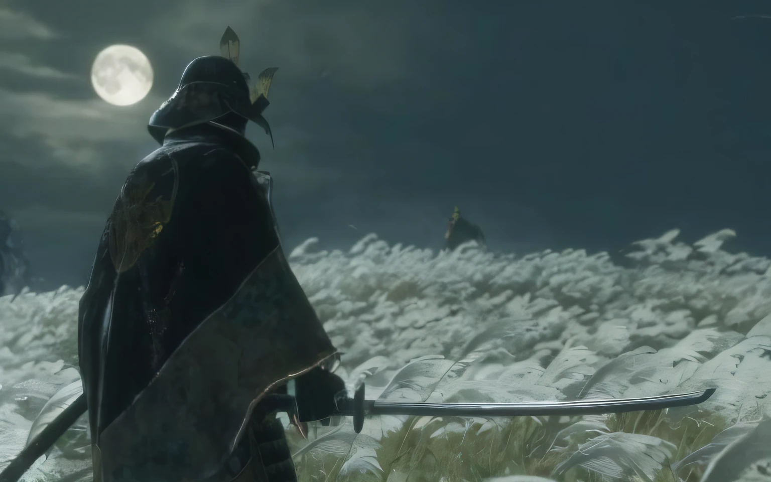 a close up of a person with a sword in a field, sekiro in bloodborne world, ax, ghost of tsushima, fromsoftware, sekiro mountain, from software game, in-game cinematic, in - game footage, in-game footage, moon bull samurai, inspired by Kanō Hōgai, Screenshot from Bloodborne。。, cutscene footage