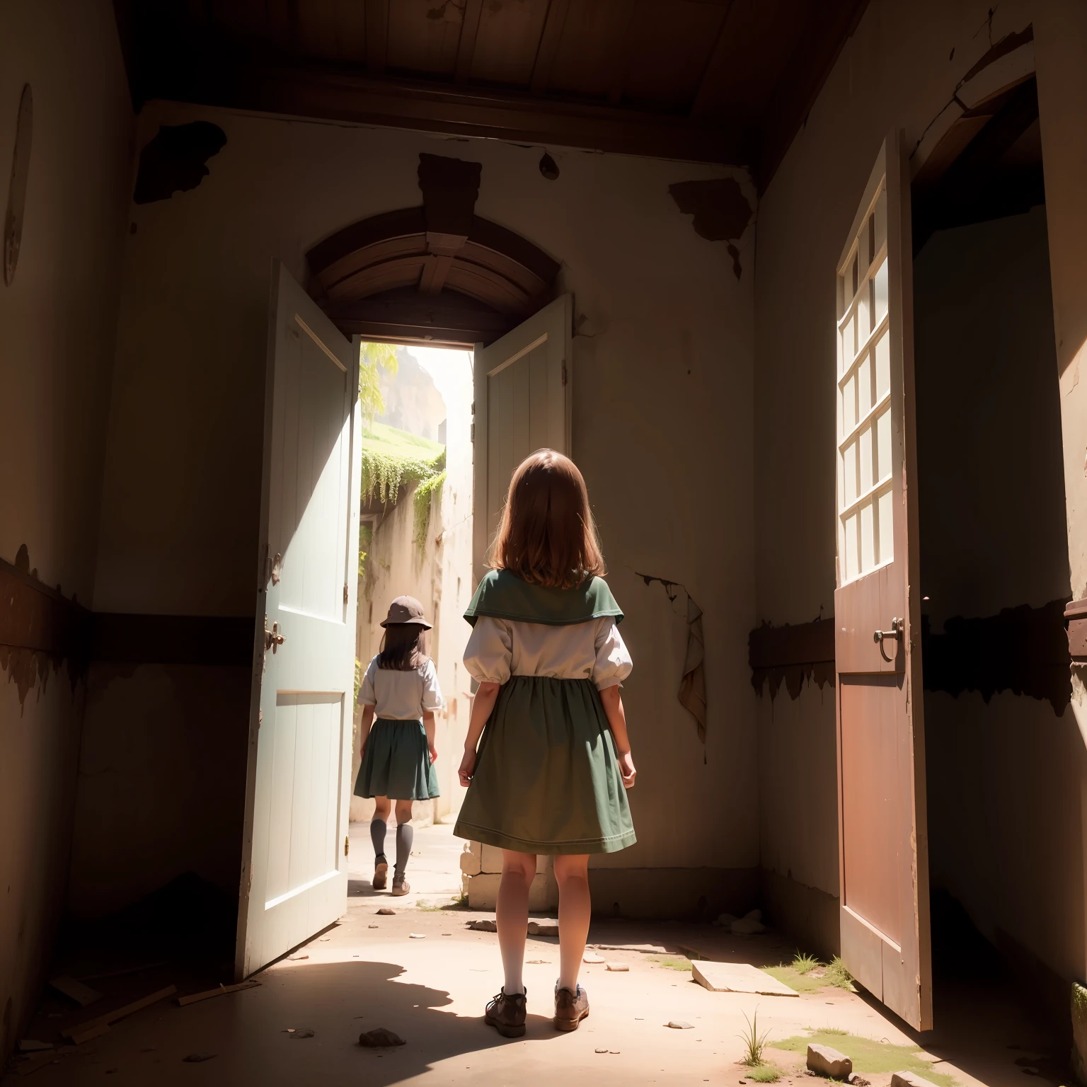 girls adventurous , com roupas compridas, olhando para uma porta pequena de madeira, dentro de um castelo abandonado assombrado, enclosed space, Rear view from afar