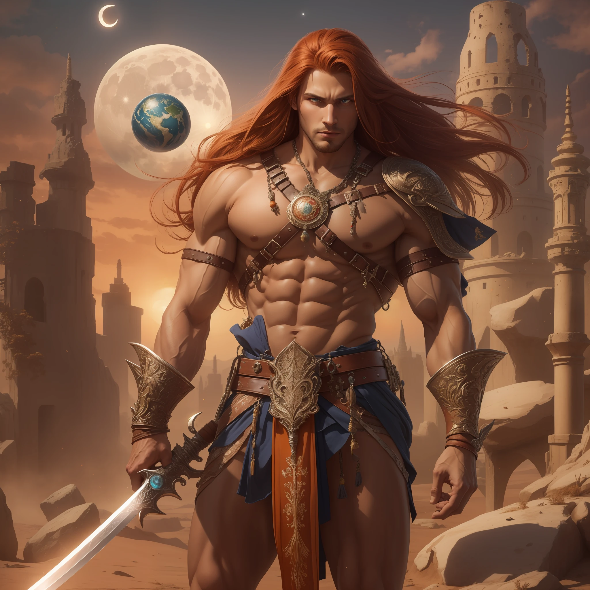 1man, tall muscular man, caucasian, tanned skin, muscular, long red hair, blue eyes, wearing belt, wearing loincloth, wearing jeweled leather harness for weapons, bare letgs, wearing tall sandals, with intricate amulet, on high ground, raising sword over head, orange sky, two moons, rust colored desert, ruined stone city towers in the distance, "sword and planet" style art, bokeh, raytracing, realistic textured skin, particle effects, depth of field