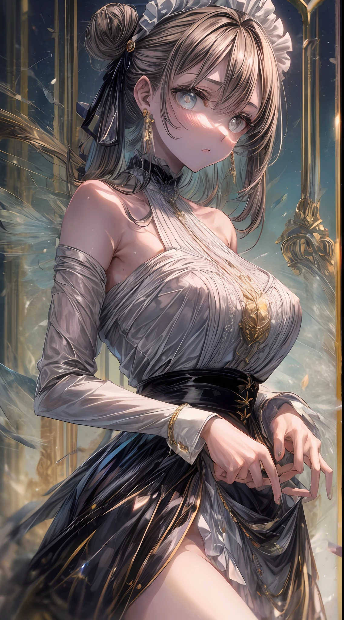 In the bustling mansion, a graceful maid captures attention with her alluring presence. Wearing a black and white uniform, her dress embraces her shoulders with a delicate touch, emphasizing her poise. Her eyes, a soft hue of hazel, reflect kindness and diligence, while her chestnut hair is neatly tied in a bun, showcasing her professionalism. Swift and efficient, she carries herself with an air of elegance, making her an indispensable figure in the household, leaving behind an impression of charm and reliability. (bare shoulders:1.6) (nsfw:1.4)