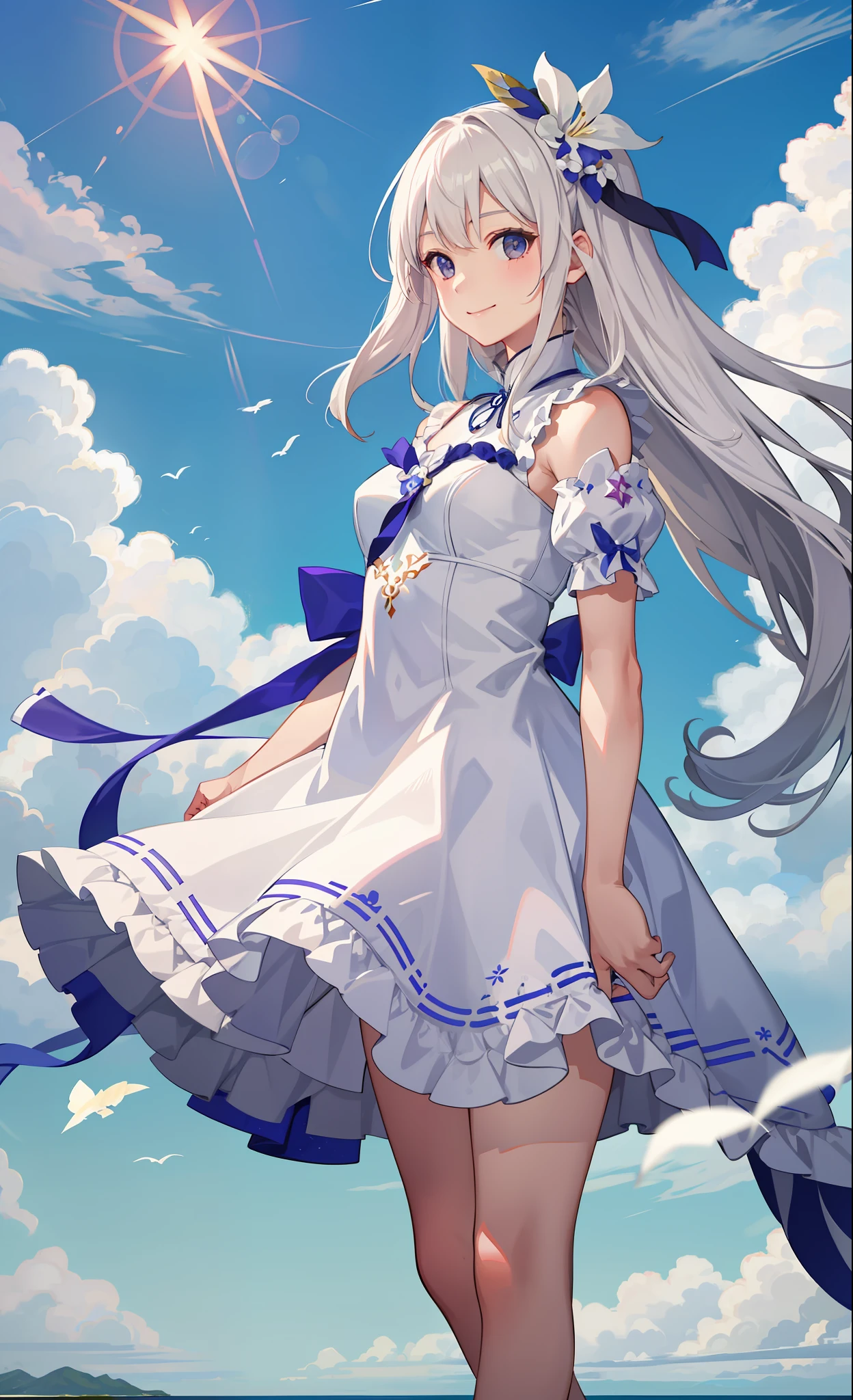 1girl in、A smile、blanche、fuffy dress、the wind、夏天、