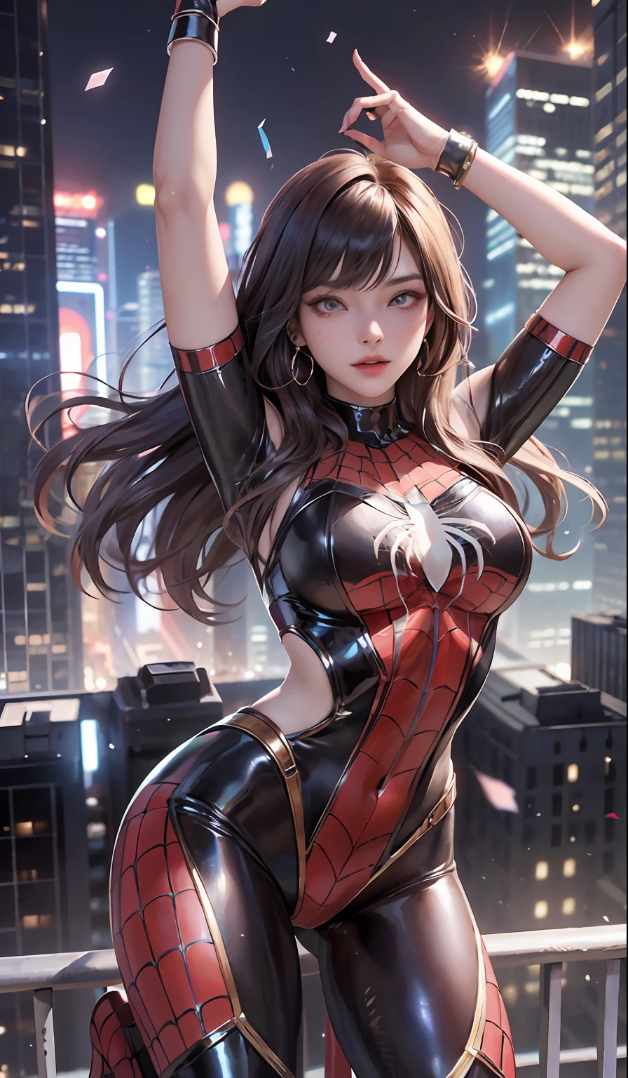 （tmasterpiece，4K分辨率，Ultra photo realsisim，The is very detailed），（Chinese superhero theme，Glamorous，there's a girl on top of town，wearing Spider-Man costume，metalictexture，Oversized breasts），（18yr old），（brunette color hair：1.2），full bodyesbian，（eBlue eyes：1.2），（Spider-Man pose），Show power，jump from one building to another，（view over city，the night，dynamic lights），（moon full）Large breasts