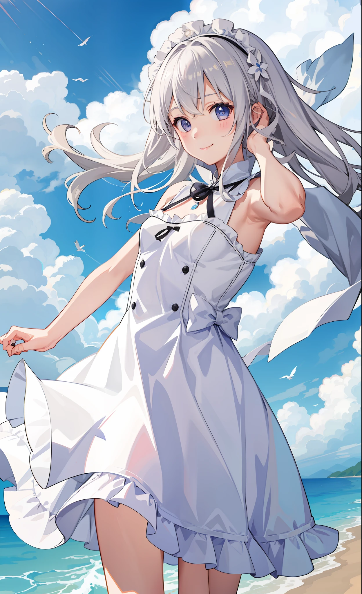 1girl in、A smile、blanche、fuffy dress、the wind、夏天、