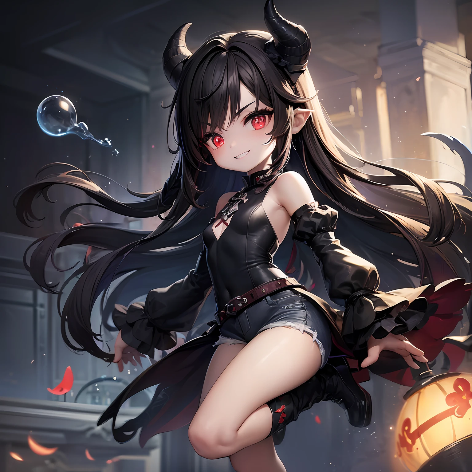 ((masterpiece、top-quality))、(Complex lighting)、Floating in the air、(Lots of glowing bubbles flutter)、Small Devil、独奏、full body Esbian、1girl in、red eyes、Long Black Hair、tanktop shirt、Jeans shorts、absurderes, Grayscale BreakGuess Gaze、(evil smile:1.4)、looking at the viewers、sharpteeth、(Crazy red eyes with small pupils:1.2)、yandere、Chibi、