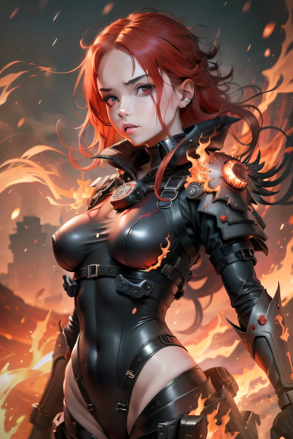 masterpiece, best quality, absurdres, 1girl, red eyes, glowing eyes, red hair, flame hair, flames, chasing, enrage, puffy lips, skindentationmagmatech, lava, nu