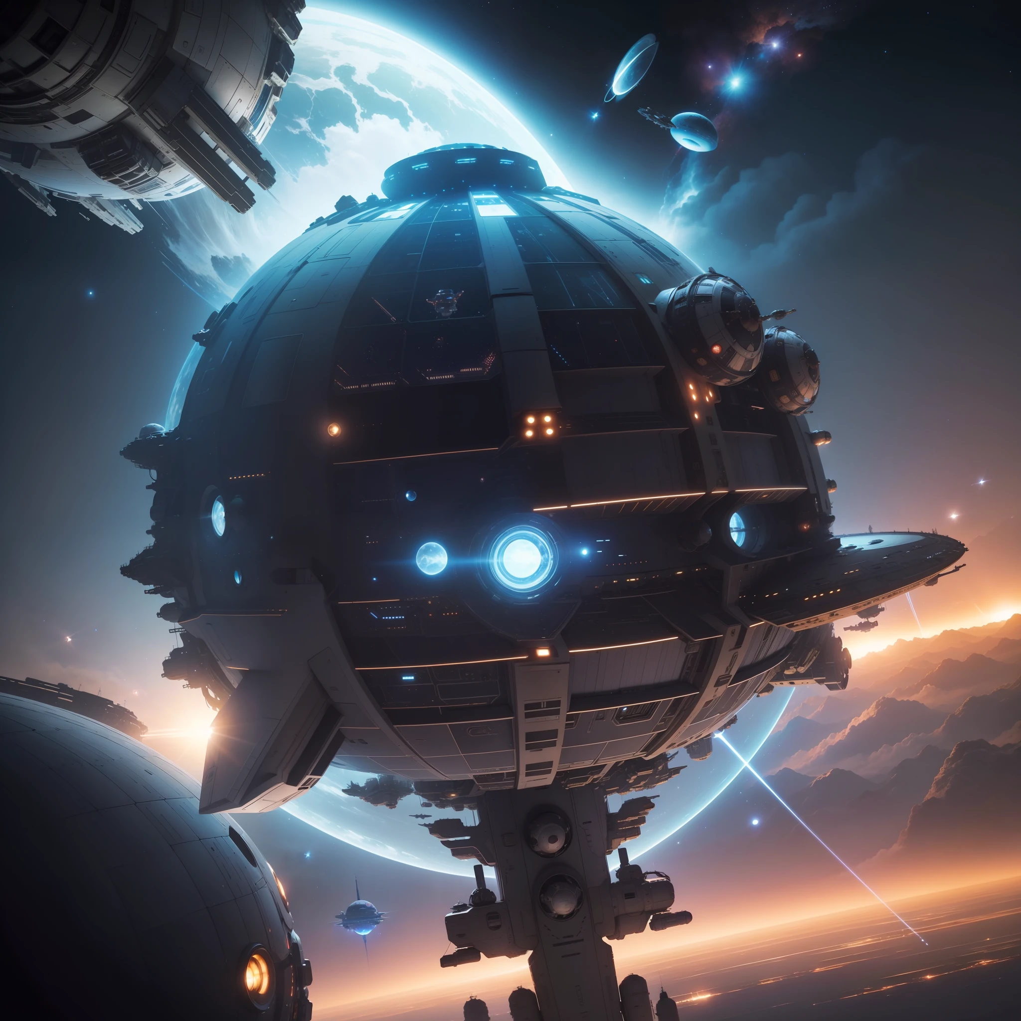 spaceship flying through space with planets in the background, depicted as a scifi scene, dyson sphere in space, an epic space ship scene, photo of a dyson sphere, dyson sphere, dyson sphere program, scifi scene, cinematic space scenery, orbiting space ships, scifi space station, futuristic space port, space opera and dystopian style, futuristic space station, aurora spaceship environment