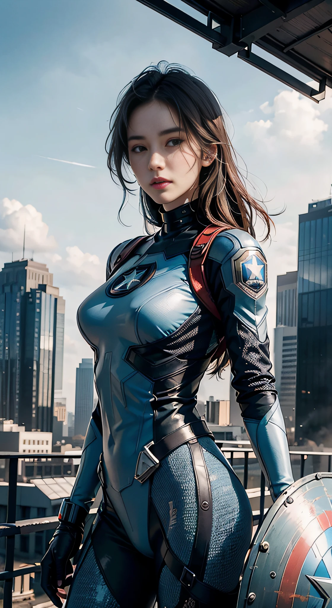 (1girl:1.3), solo, __body-parts__, official art, unified 8k wallpaper, super detailed, beautiful and aesthetic, beautiful, masterpiece, best quality, raw, masterpiece, super fine photo, best quality, super high resolution, photorealistic realism, sunlight, full-body portrait, amazing beauty, dynamic pose, delicate face, vibrant eyes, (from the front), she wears a futuristic Captain America jersey, blue color scheme, (holding a shield), A capital A on chest, very detailed abandoned warehouse background, detailed face, detailed complex busy background, messy, gorgeous, milky white, highly detailed skin, realistic skin details, visible pores, sharp focus, volumetric fog, 8k uhd, DSLR camera, high quality, film grain, fair skin, photo realism, lomography, huge metropolis in future dystopia, seen from below, translucent