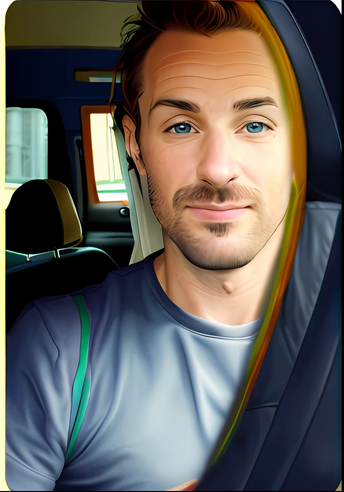 frusciante caricature, caricature style, realistic texture, humor, playful, —AR 5:6 , arafed man in a blue shirt sitting in a car with a cell phone, youtube video screenshot, man in his 30s, chris martin from coldplay, he is 3 5 years old, 30 year old man, taken in the early 2020s, 3 6 years old, man in his 40s