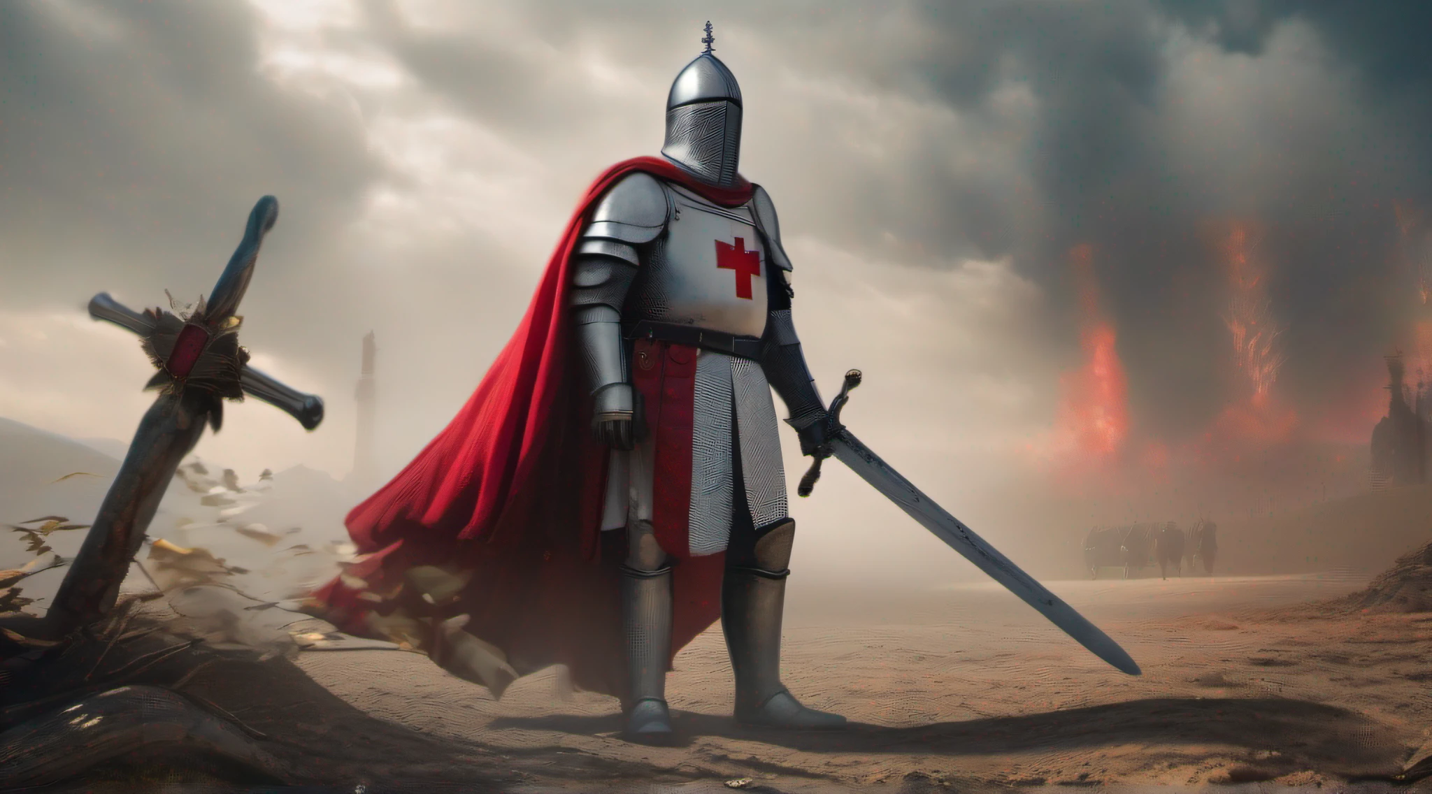 An imposing Knight Templar stands in a desolate landscape, wearing shining armor with a red cross on his chest. He wields a long sword and holds a shield adorned with the symbol of the Templars. In the background, debris and smoke bear witness to past battles. His posture conveys confidence and authority, while his eyes reveal determination., Surrealism, high detail, cinematic lighting, Sony FE GM, lens flare, f/1.8, 135mm, 35mm, first-person view, vanishing point, UHD, anatomically correct, 8k, award winning, best quality, high details