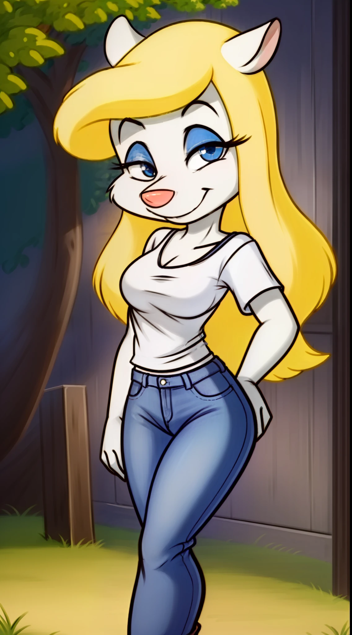 1girl, MinervaMinkCzar,(peludo, furry female, corpo inteiro), (orelhas de animais, cauda longa, cauda loira, focinho, franja varrida, cabelo longo, cabelo loiro, maquiagem, olhos pretos, sombra azul), (Denim Jeans Pants, camiseta pequena, botas altas) (obra-prima:1.2), contrata, (rosto detalhado:1.2), (olhos detalhados:1.2), pele perfeita,  ultra-highresolution, 8K, alta qualidade, (foco clear: 1.2), limpo, clear, cinemactic,