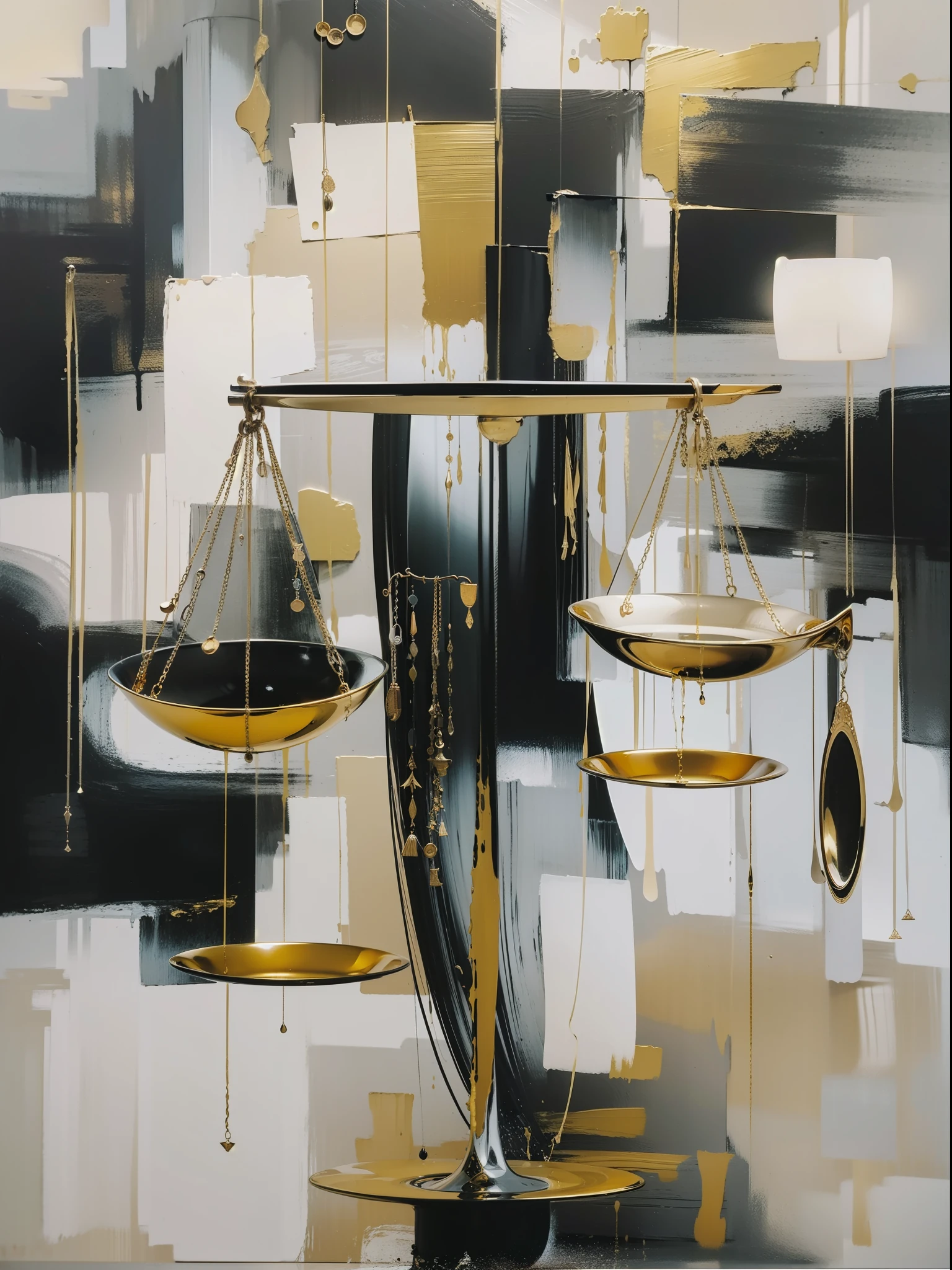 concept of justice, law, balance, black, gold and white oil painting, masterpiece, minimalist, abstract art style