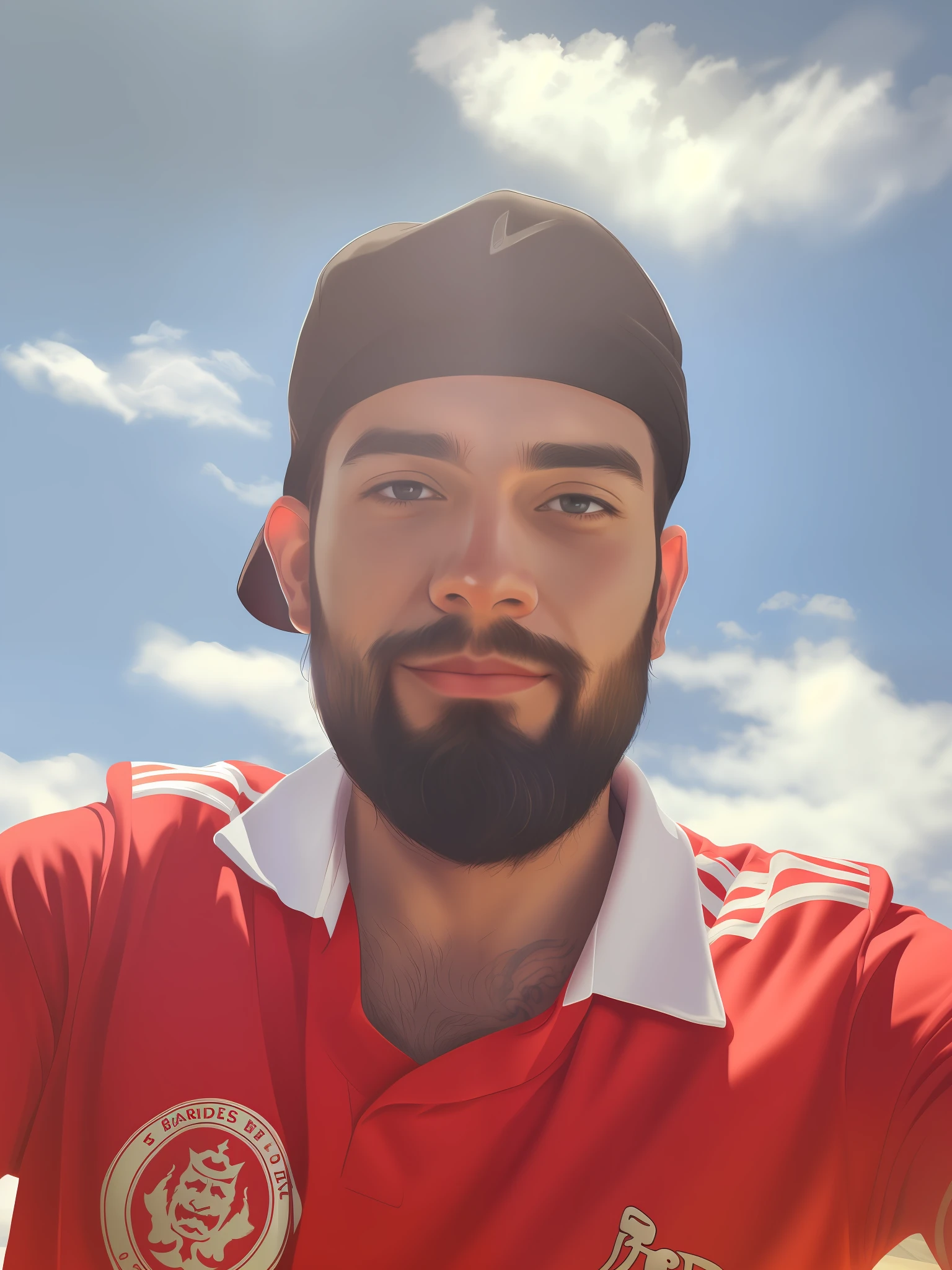 Man with beard and red shirt taking a selfie, looking straight at the camera, anime, realistic anime style