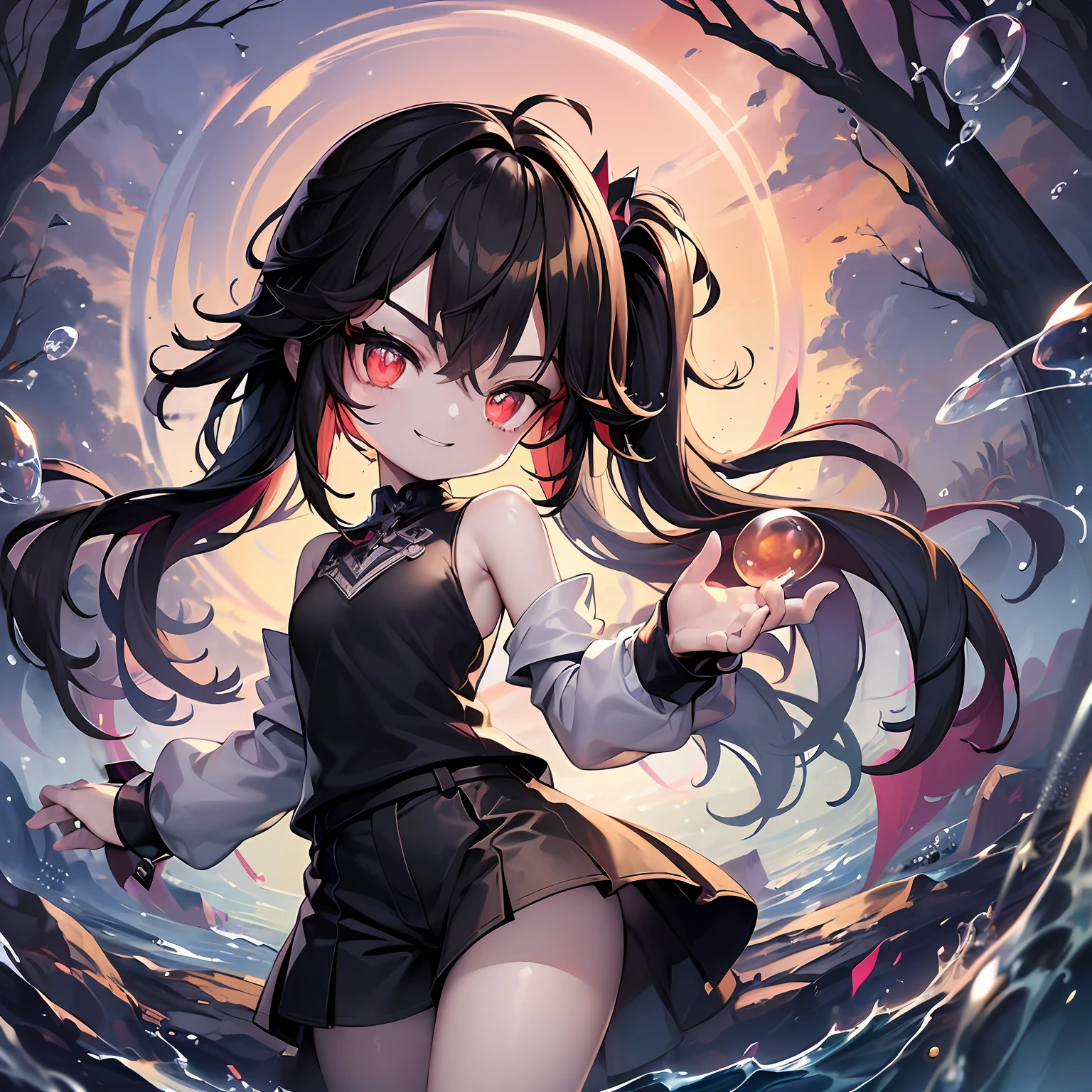((masterpiece、top-quality))、(Complex lighting)、morning、suns、sea bathing、(((Lots of glowing bubbles flutter、Splash paint)))、Small Devil、独奏、full body Esbian、1girl in、red eyes、Long Black Hair、tanktop shirt、Jeans shorts、absurderes, Grayscale BreakGuess Gaze、(evil smile:1.4)、looking at the viewers、sharpteeth、(Crazy red eyes with small pupils:1.2)、yandere、Chibi、