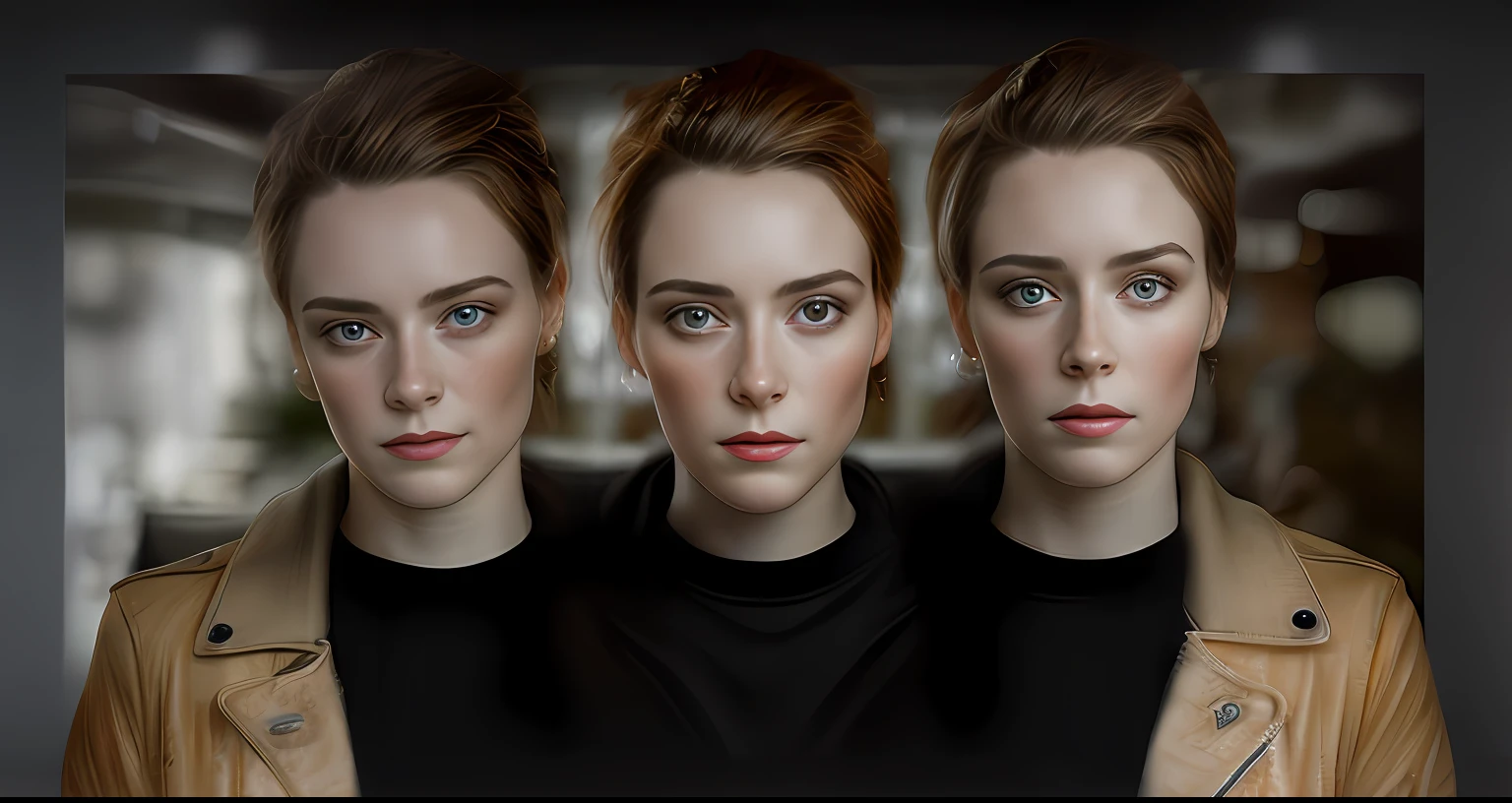 3heads, portrait photography, beautiful young woman, 18 years old, super realistic face, eyes visible through hair, proper eye position, natural skin, soft light, hips , highly detail, octane render, HD, 8k,120mm, cheerleader, Sophia Lillis