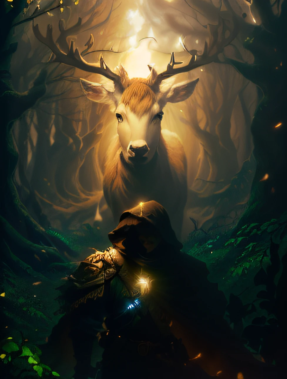 (Photorealistic high resolution image) guerreiro na floresta noturna em chamas, lua cheia no fundo, white deer behind (Dangerous forest scenario, arvores altas, animal sorrateiro observando) "Homem, trajando roupa de guerreiro sem camisa. " super detalhado, fotografia profissional, HDR, 4k" Forte homem segurando espada.