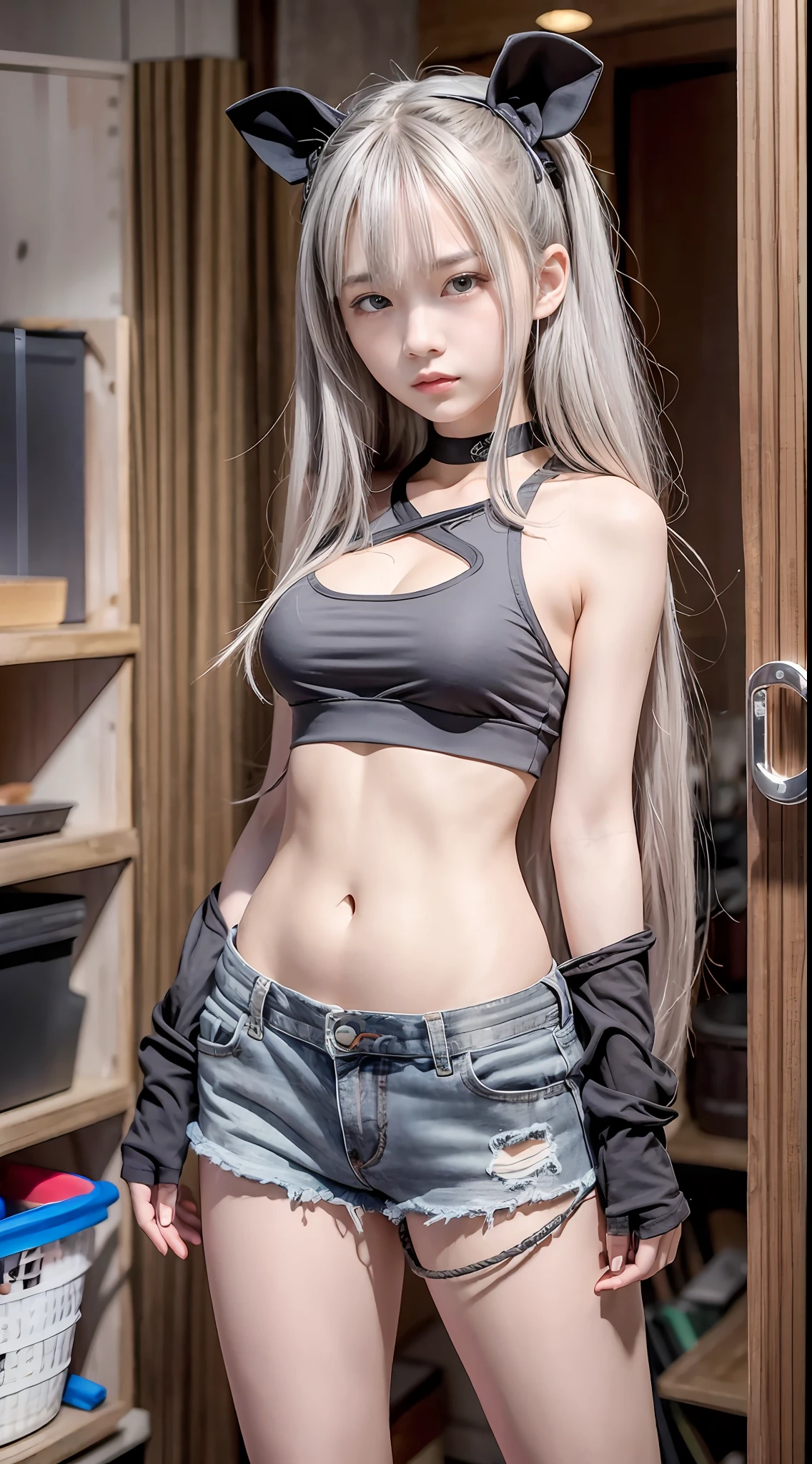 best qualtiy,tmasterpiece,超高分辨率,15-year-old girl,Slim figure,slender figures,Very long hair,Gradient hair color,Color hair color,with fair skin,Very white skin,Tool room,Studio,Tool wall,a repairman,Gray top,grey vest,Bare waist,Loose-fit cow super shorts,Orange gloves,Repairman gloves,A rope hangs from the waist,There are scars on the face,(Fidelity:1.4),RAW photogr,1girll,(full bodyesbian:1.5),Bigchest (D)