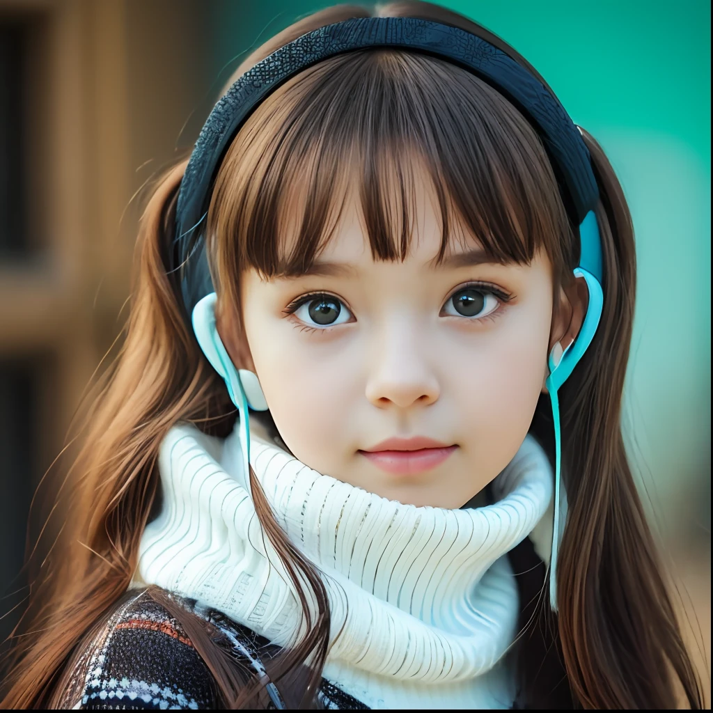CHILD girl with long hair wearing a white sweater and muffling black ears, sonolento, sonolento rosto de modelo de moda, lalisa manobal, franja fofa, franja branca, bonito bonito, bonito bonito, com franja completa, olho azul claro, bonito, meninao, nina masic, anastasia ovchinnikova, olhos sonolentos, frio, mas bonito