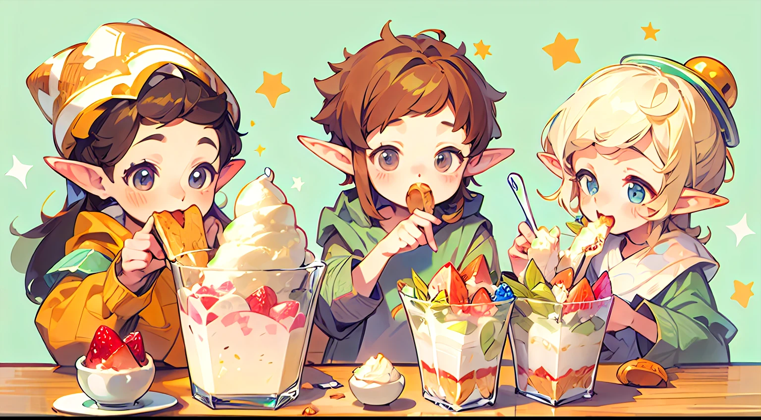 Realistic hand drawn style with cute elf characters、Everyone is eating a big parfait for the party