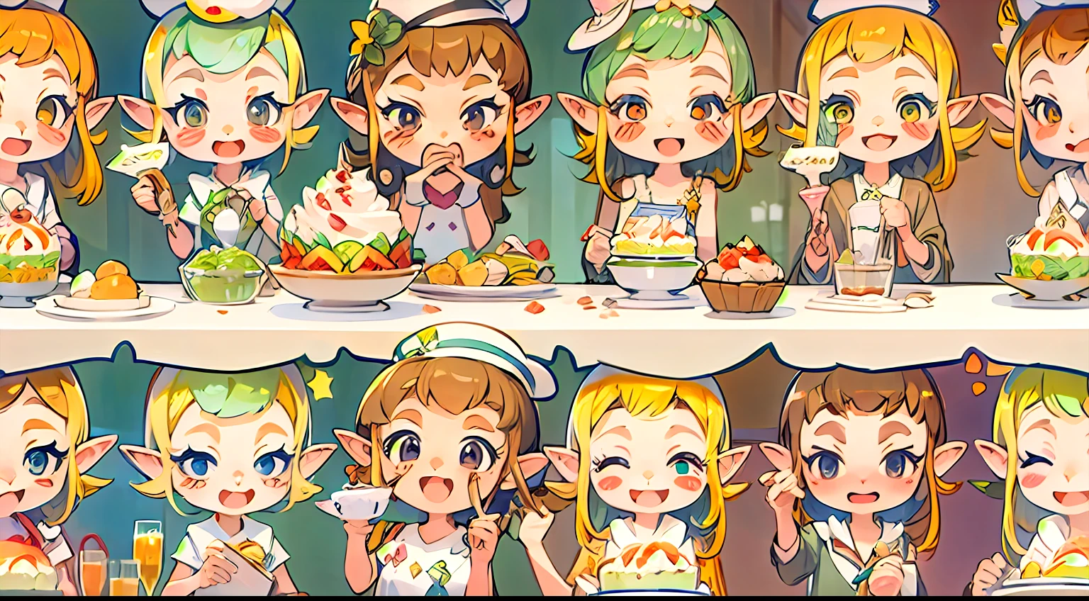 Realistic hand drawn style with cute elf characters、Everyone is eating a big parfait for the party