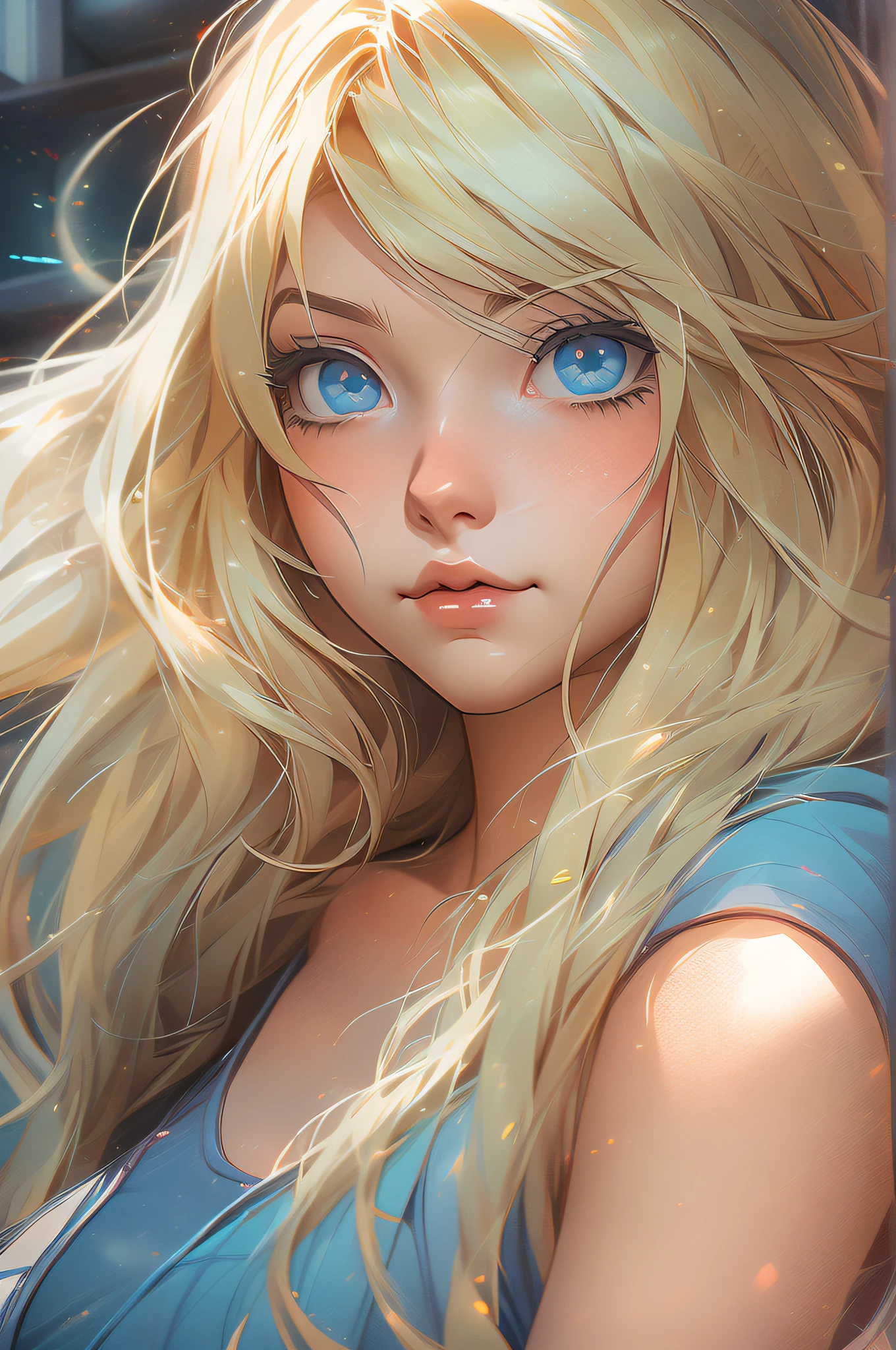 Portrait of an Anime girl with long blonde hair and clear blue eyes looking at the camera, catchlight, stunning anime face portrait, dimples, cute and shy look, cute anime portrait, sunny highlight, shadow, RossDraw Portrait, extremely detailed Artgerm, Artgerm portrait, stunning digital illustration, Artgerm. anime illustration, cute digital illustration, ! dream art, digital anime illustration, :: Ross, RossDraw digital painting, vray tracing, hdr, 8k