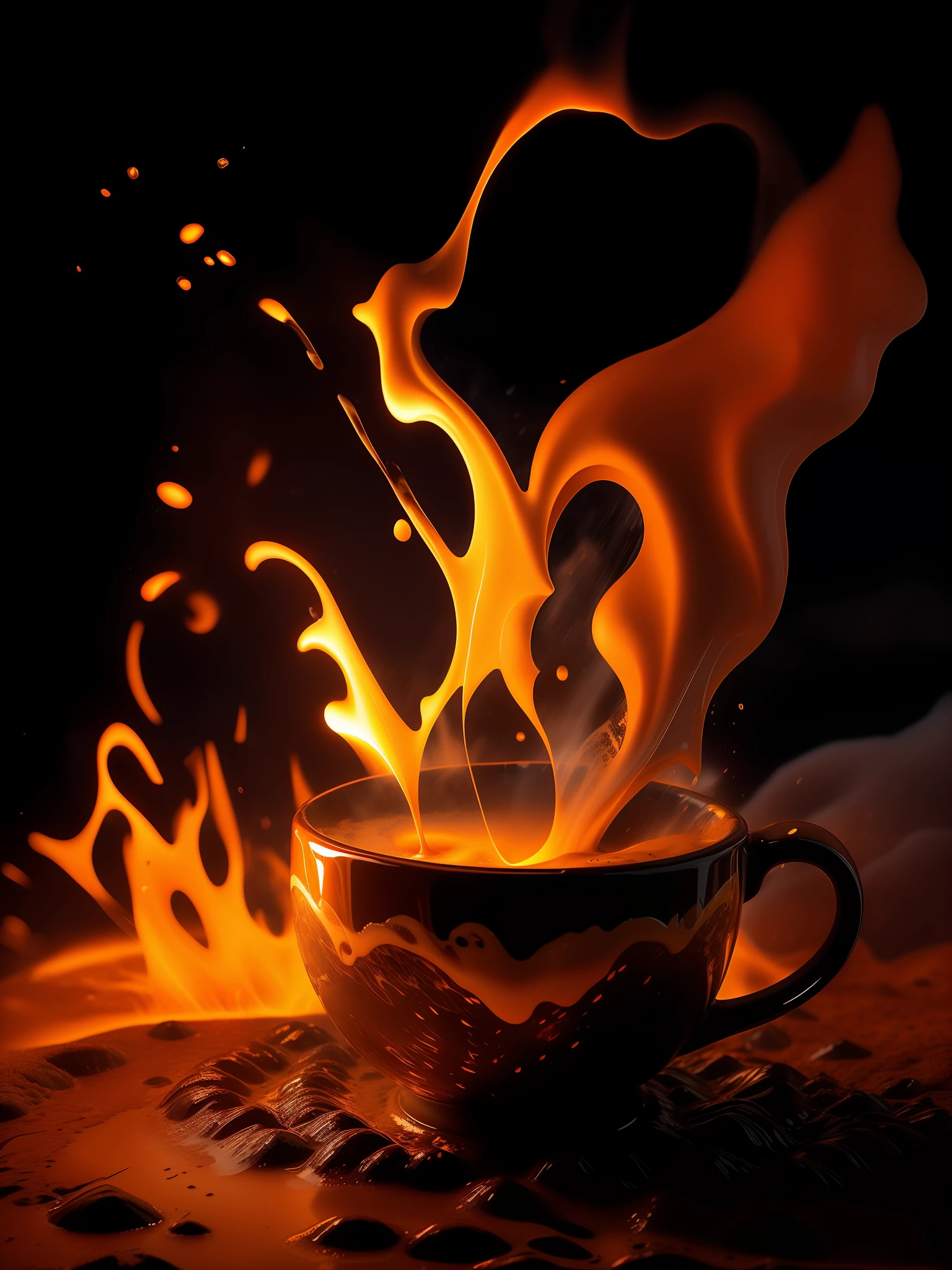 Volcano Coffee cup, latte art of maximal coffee, violently erupting out of kintsugi black lava rock coffee cups, rims glowing hot, molten red coffee lava splashing and overflowing out of the cup, volumetric dust particles, exploding lava, steam, floating celestial, bokeh, night, moonlight, moonbeams, surreal, magic dust