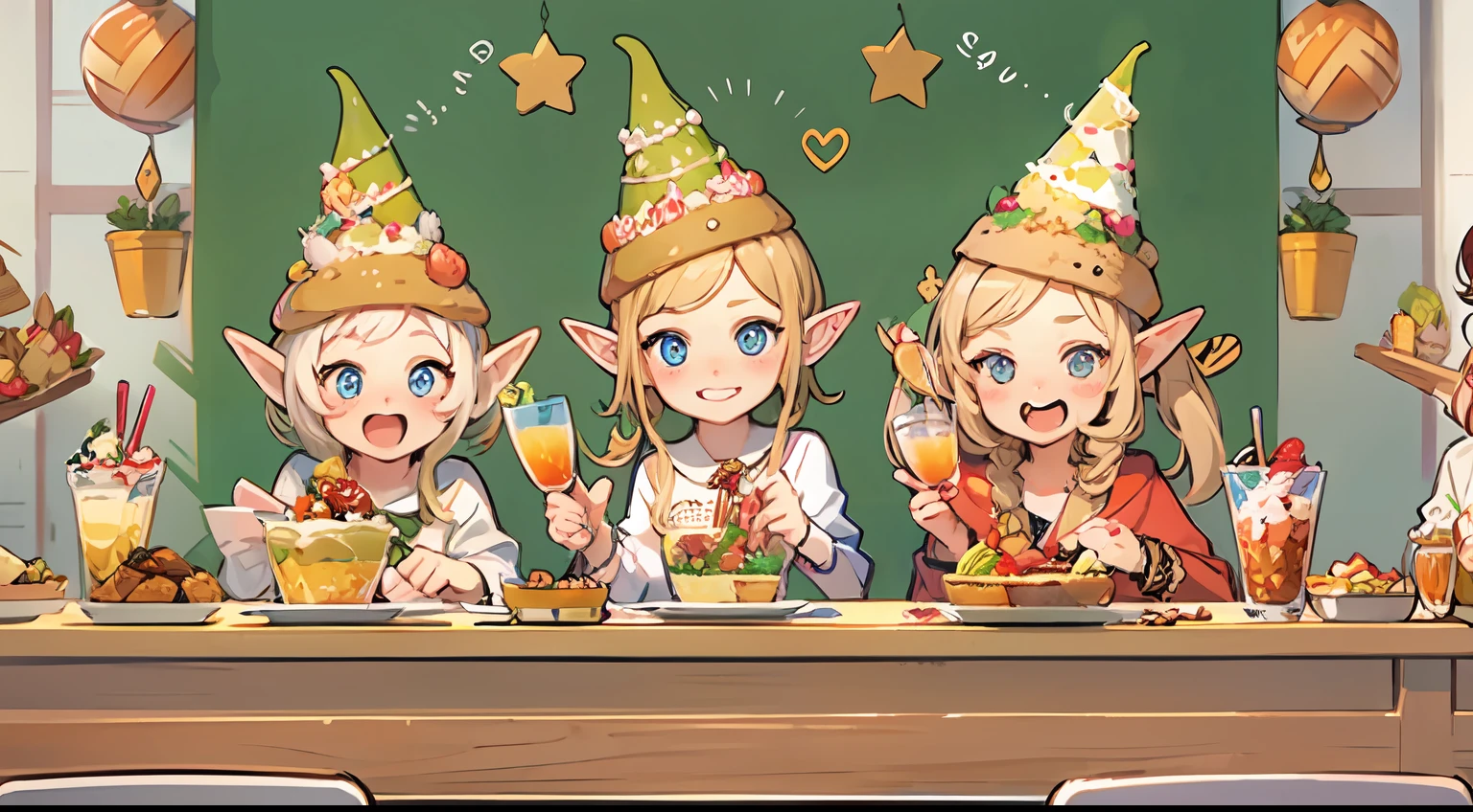 Realistic hand drawn style with cute elf characters、Everyone is eating a big parfait for the party