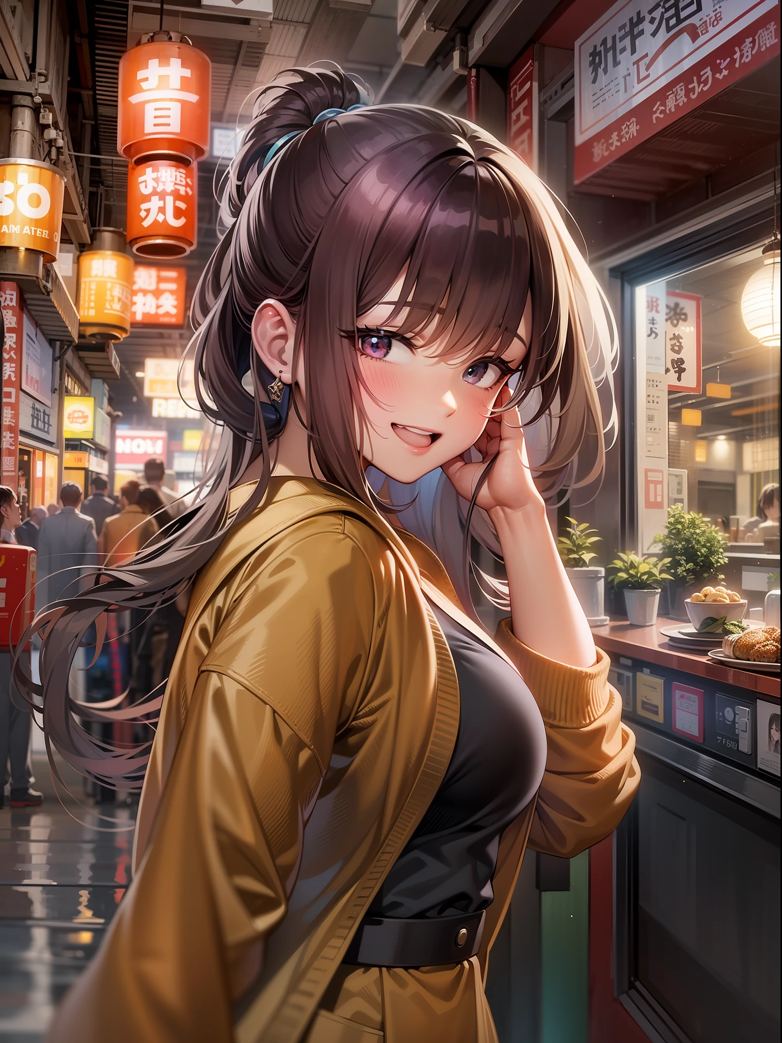 (masterpiece), top-quality, 超A high resolution, a closeup, Slim body, 1girl in,校服, length hair, laught, ramen, natta, Background of Tokyo Restaurant, Colorful lights, photon maping, Radio City, physically-based renderingt, lighting like a movie, Convoluted, High Detail, foco nítido, Dramatic, Photorealistic Muscle、Muscular beauty、A beautiful body that has been trained、kindly smile、ample breasts、((Ultra big1.8))